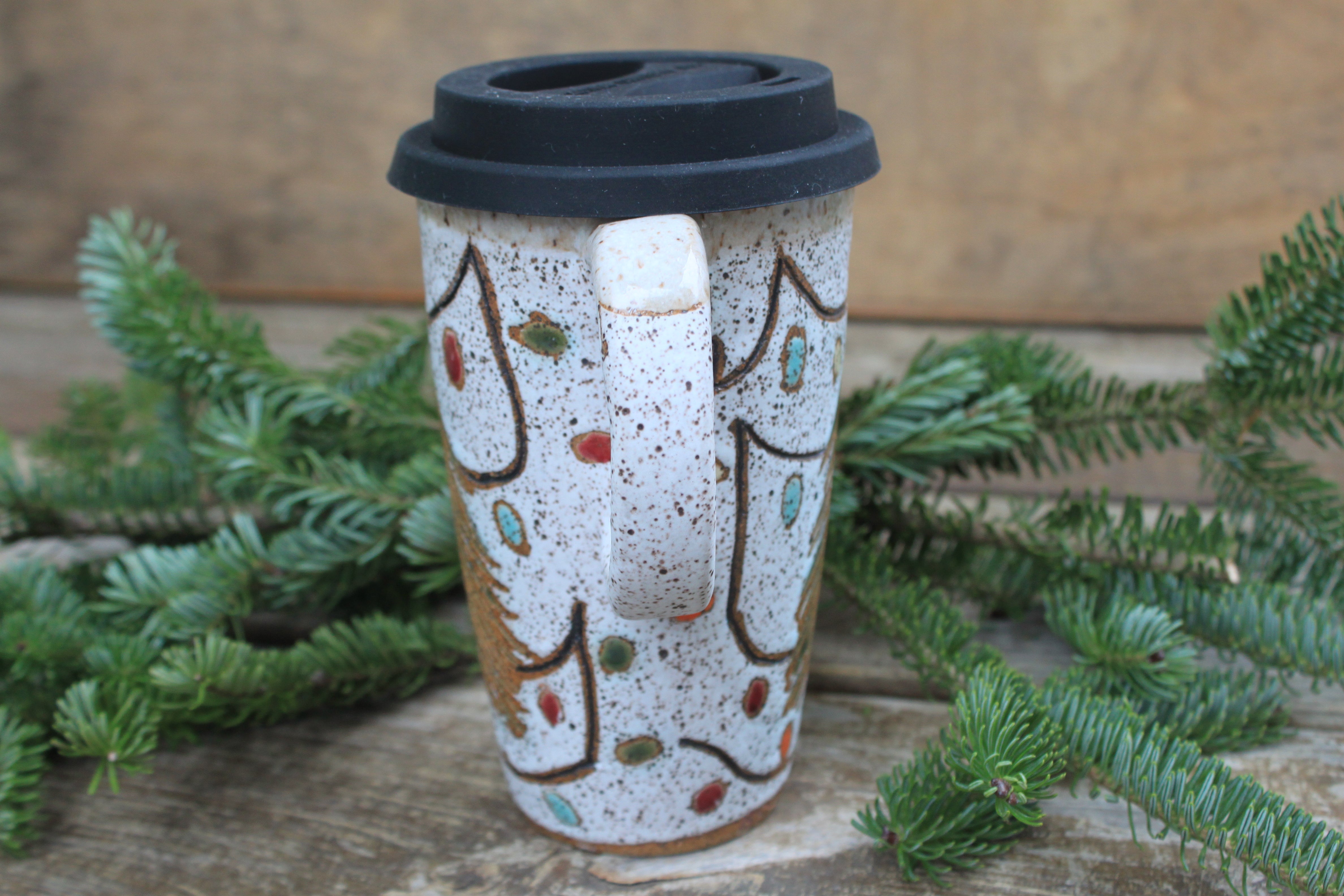 Twinkly Lights and Large Evergreens Handled Travel Mug, 17 oz