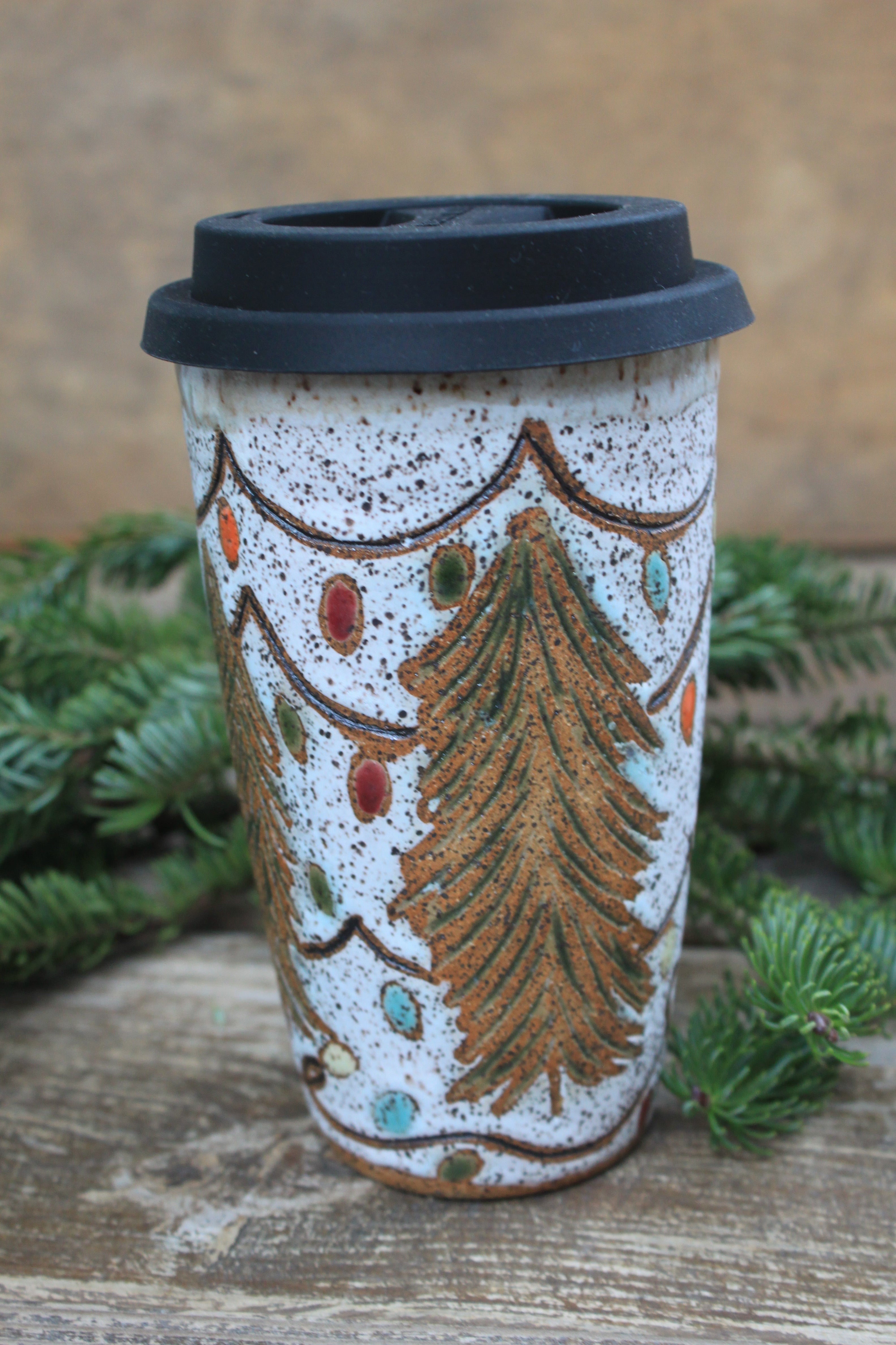 Twinkly Lights and Large Evergreens Handled Travel Mug, 17 oz