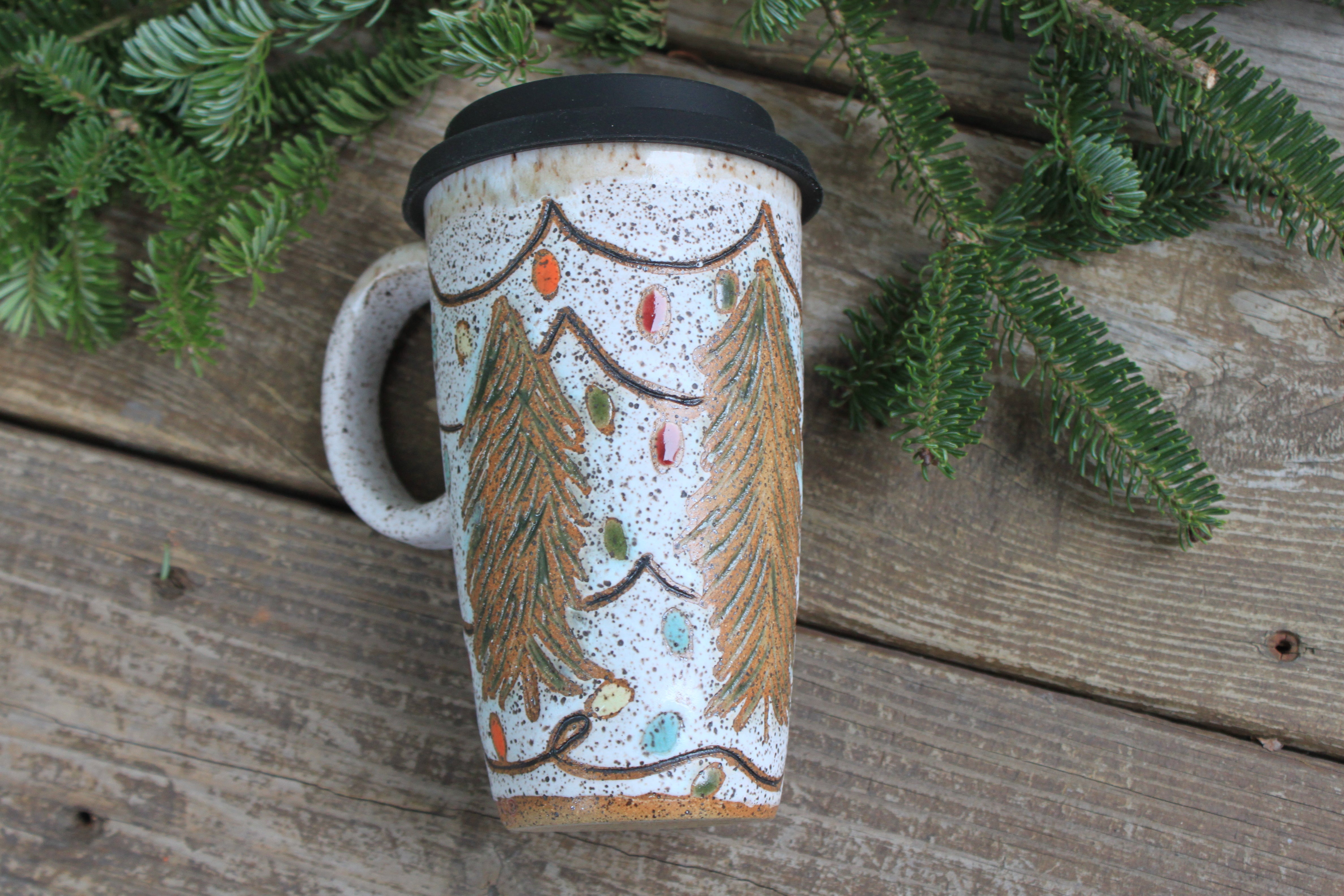 Twinkly Lights and Large Evergreens Handled Travel Mug, 17 oz