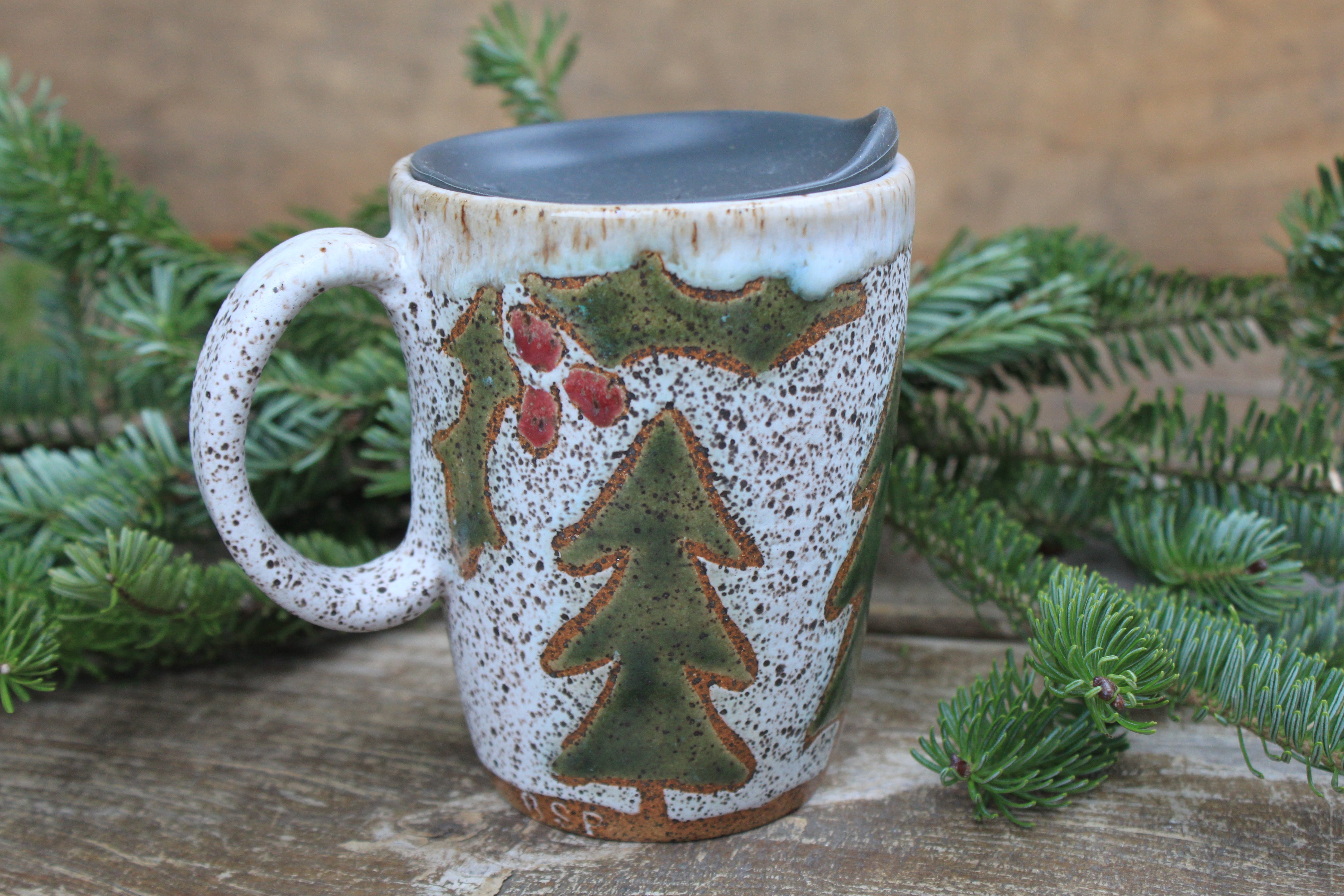 Holly and Evergreens Handled Travel Mug, 13 oz
