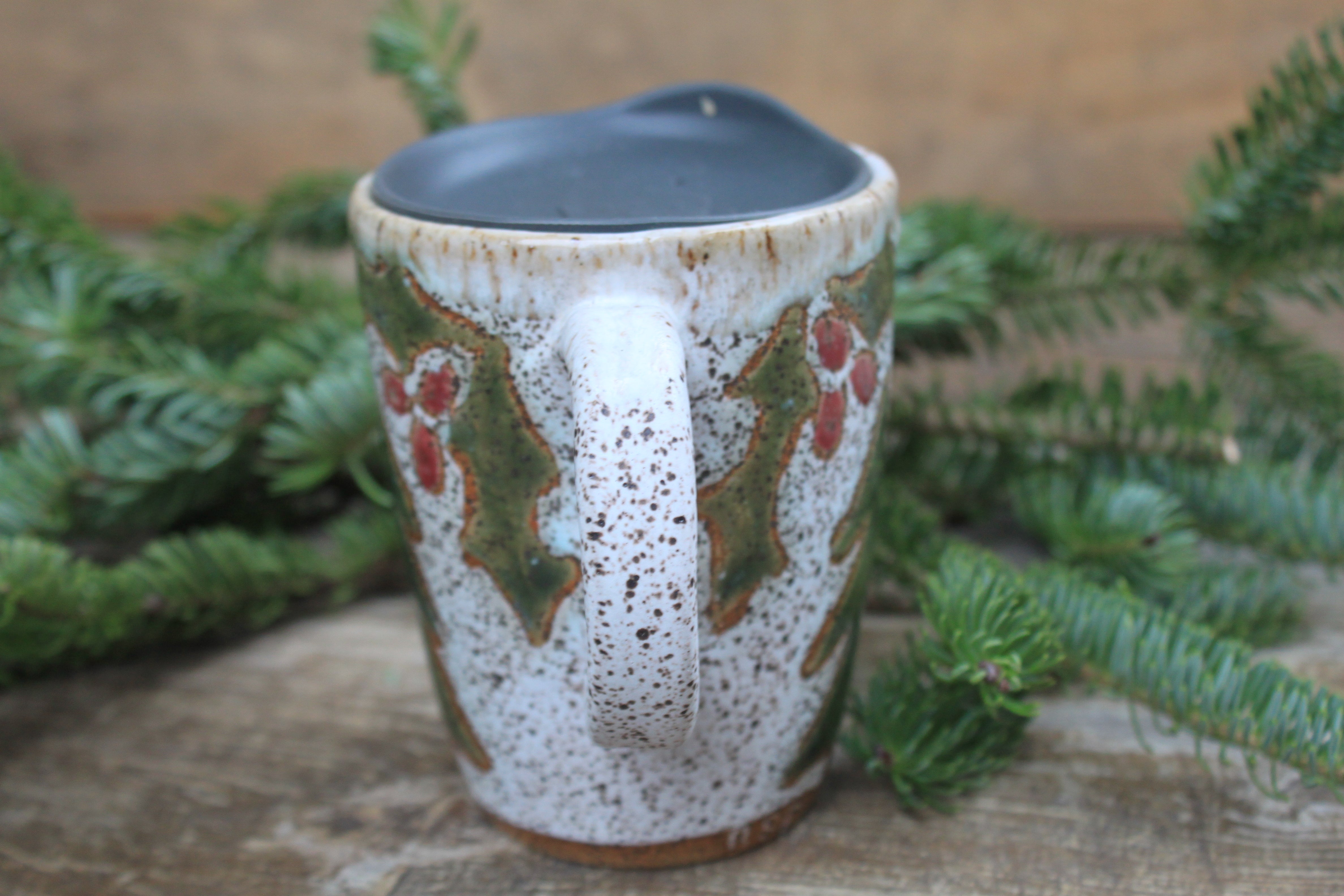 Holly and Evergreens Handled Travel Mug, 13 oz
