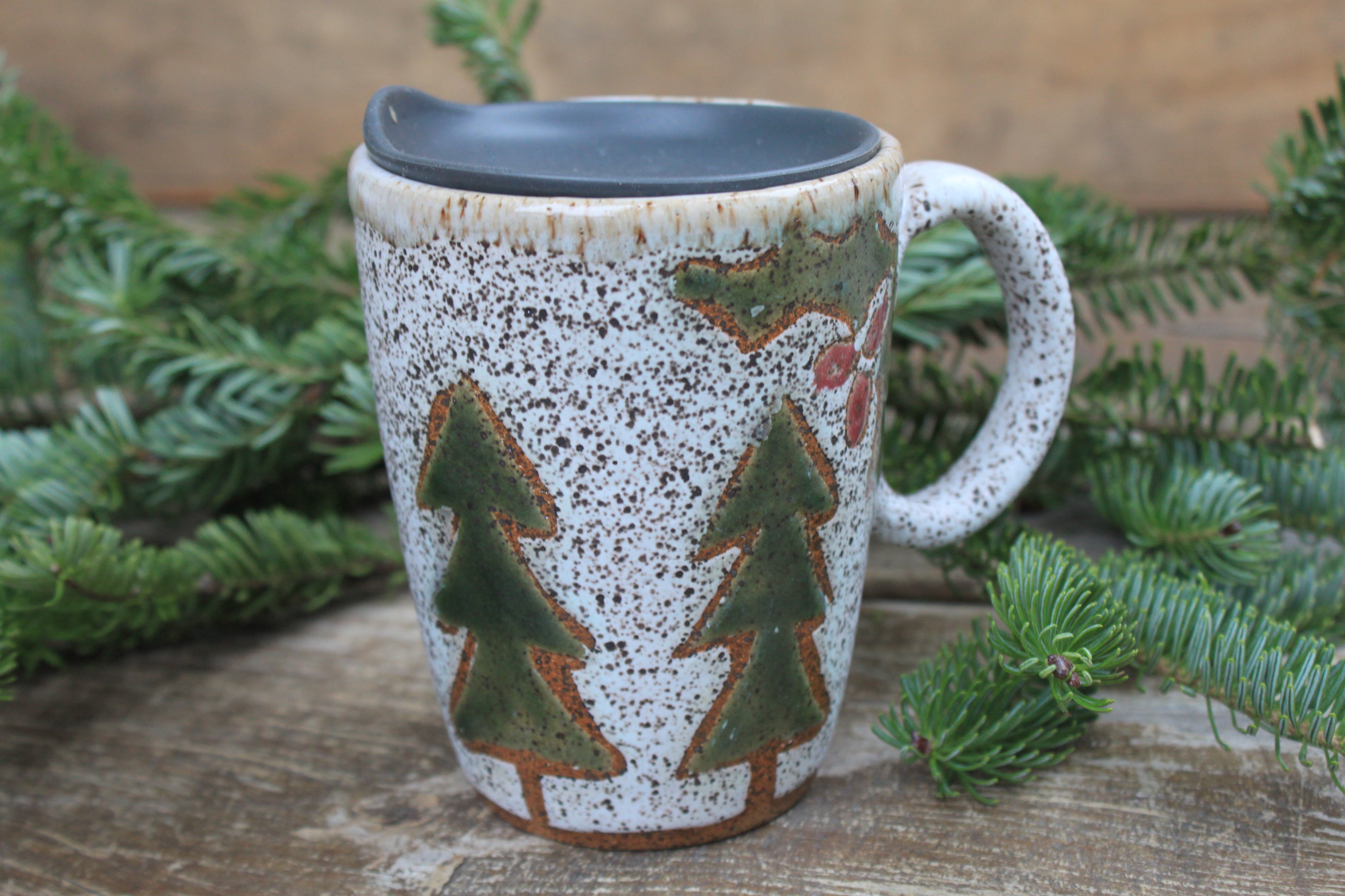 Holly and Evergreens Handled Travel Mug, 13 oz