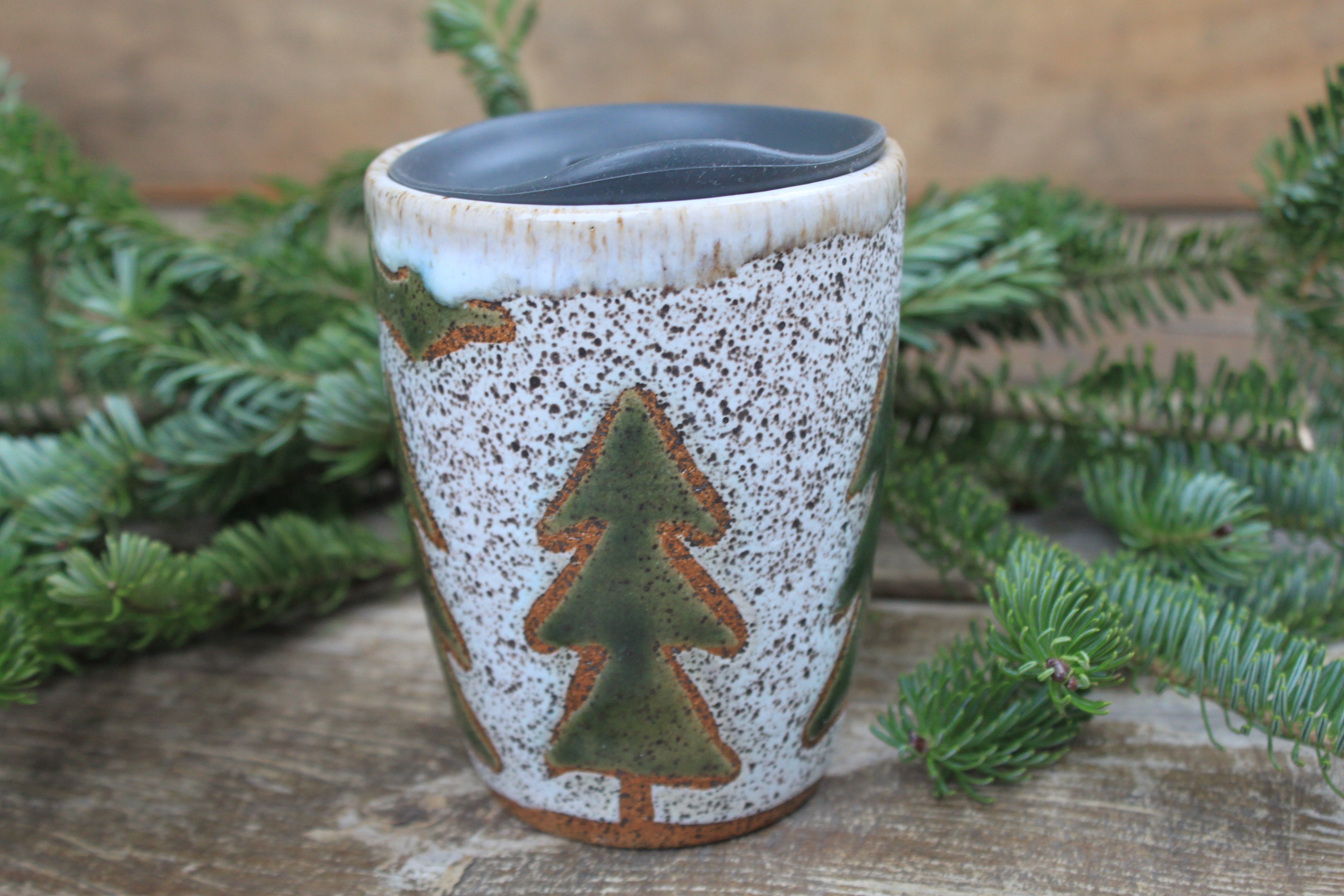 Holly and Evergreens Handled Travel Mug, 13 oz