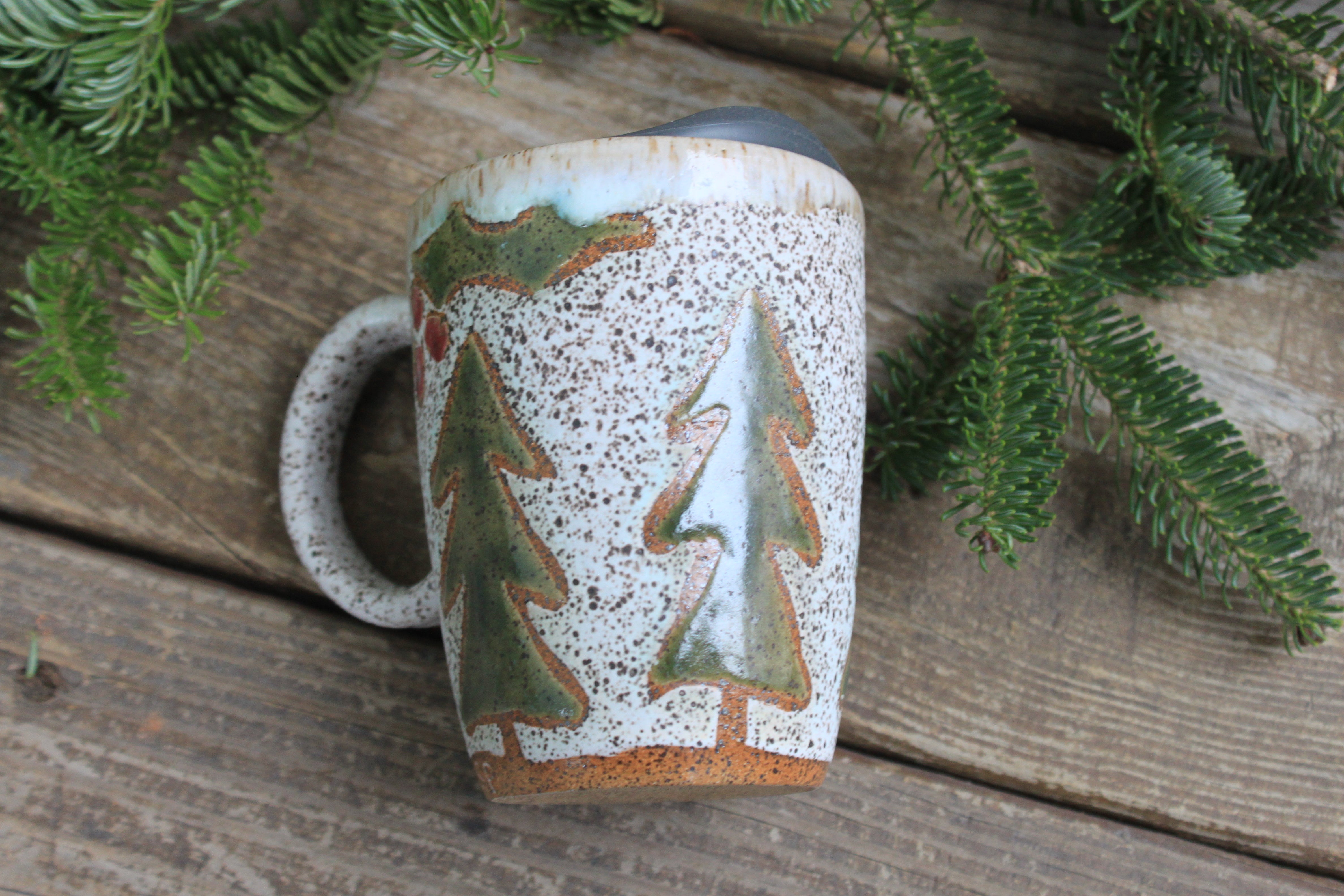Holly and Evergreens Handled Travel Mug, 13 oz