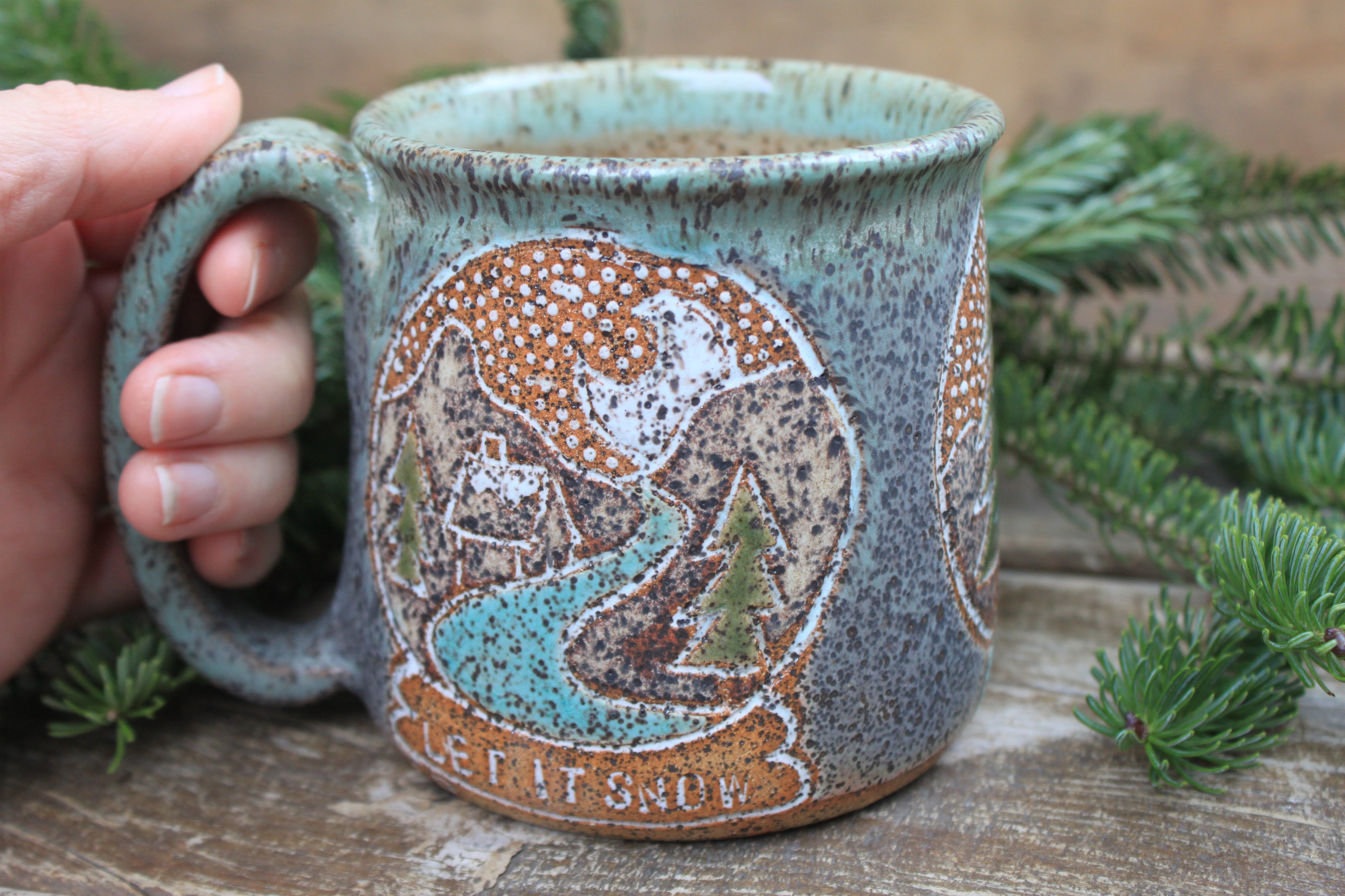 Distant Mountain Snow Globe Dreams Carved Mug, 18 oz