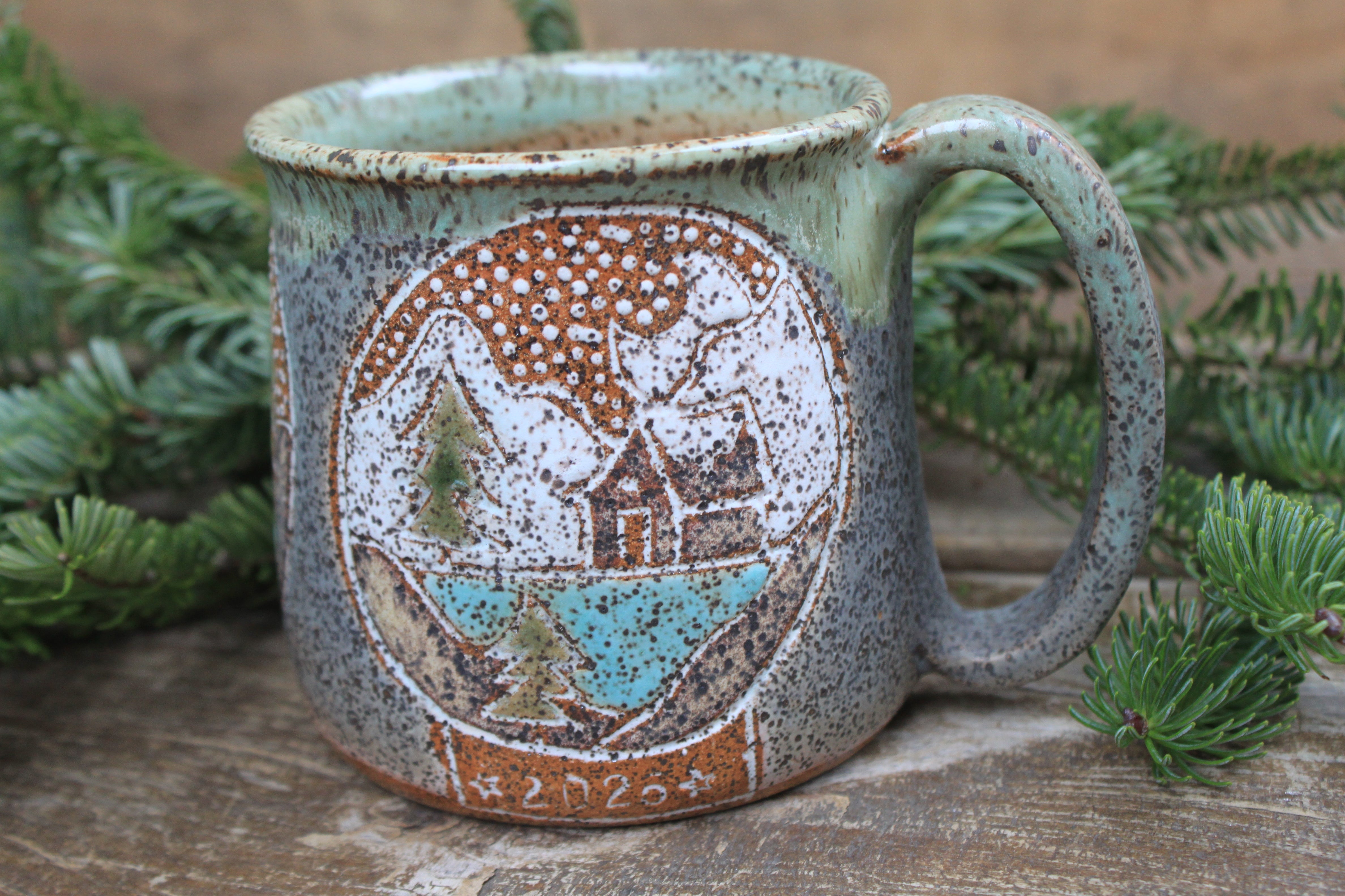 Distant Mountain Snow Globe Dreams Carved Mug, 18 oz