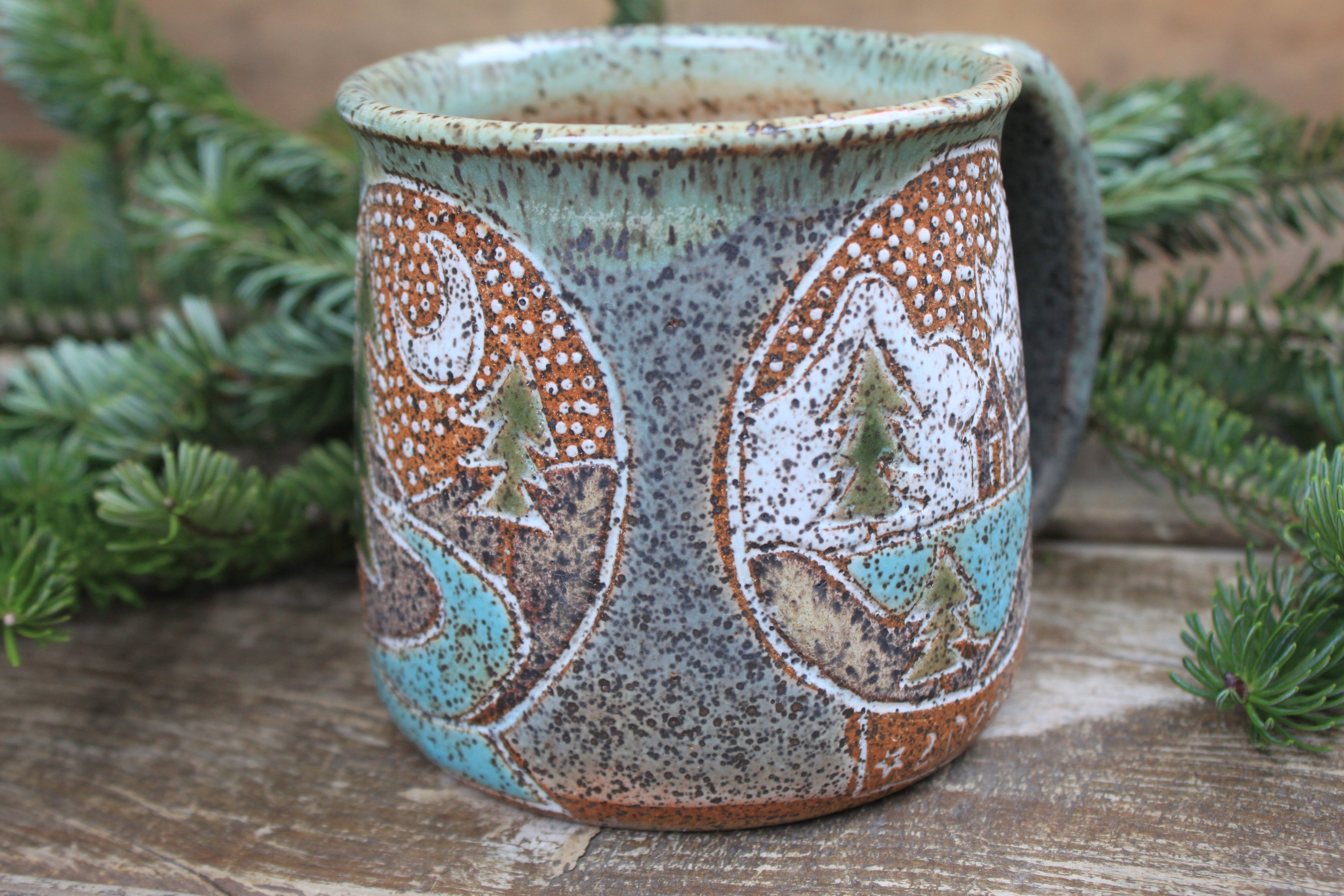 Distant Mountain Snow Globe Dreams Carved Mug, 18 oz