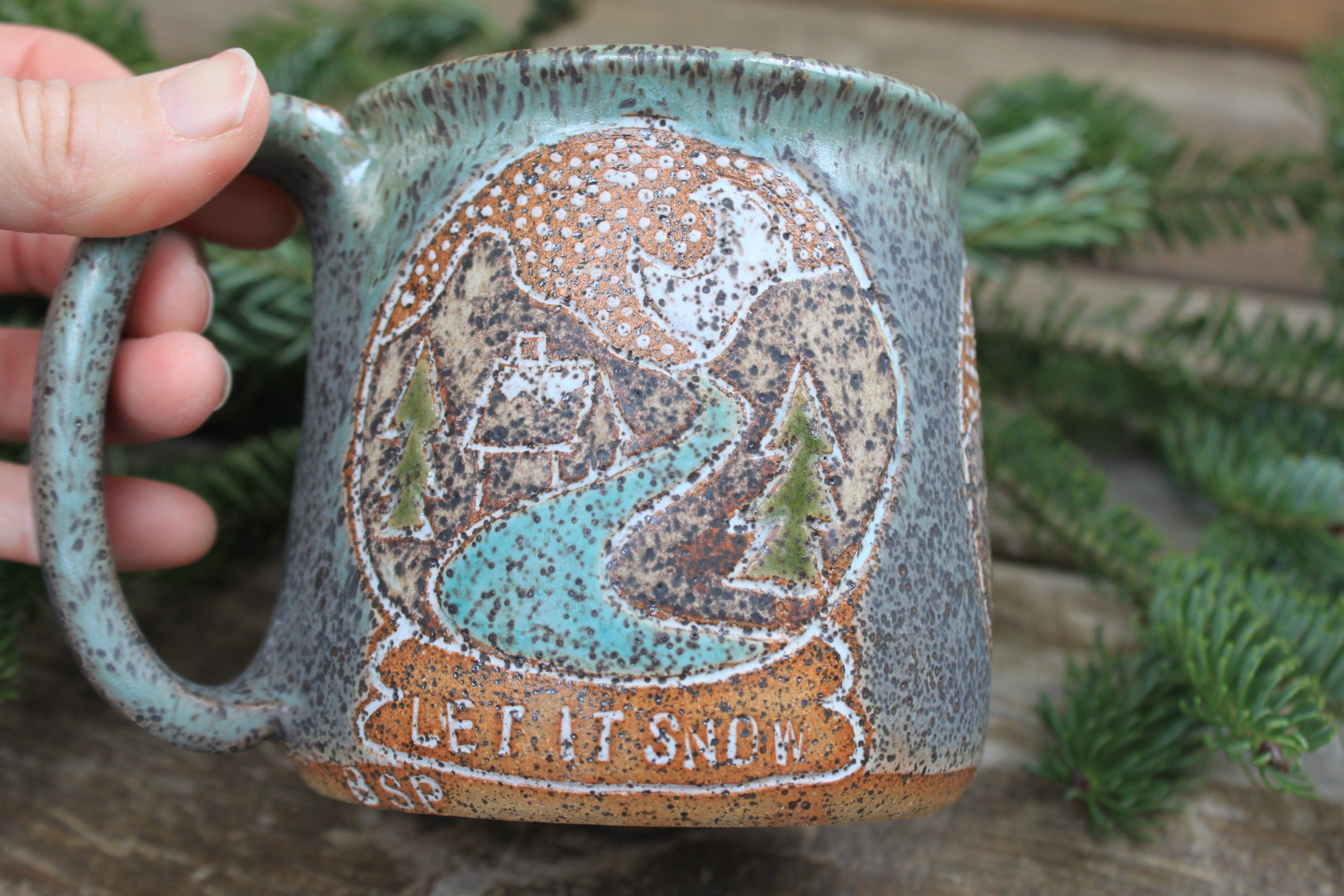 Distant Mountain Snow Globe Dreams Carved Mug, 18 oz