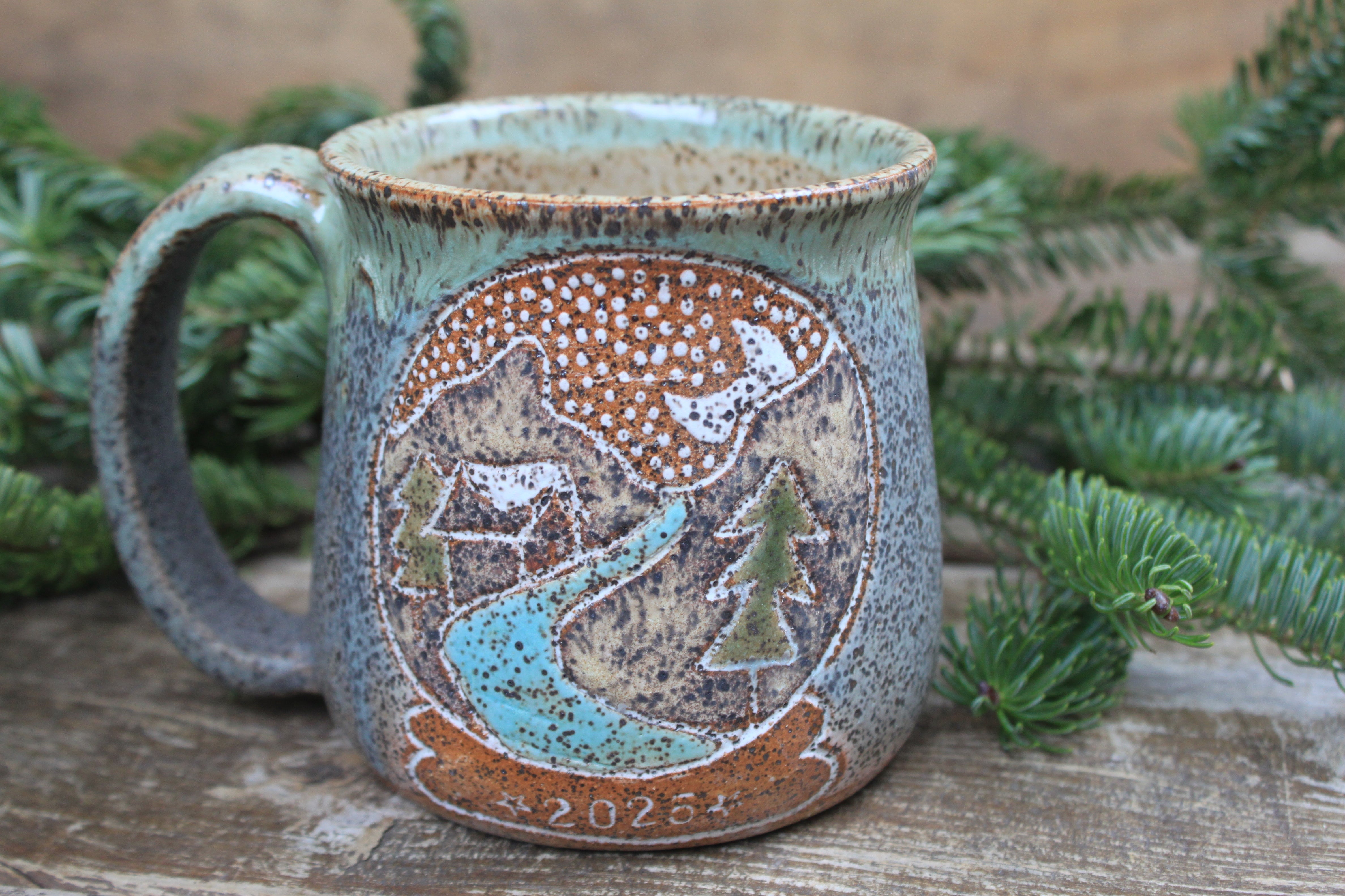 Distant Mountain Snow Globe Dreams Carved Mug, 16 oz