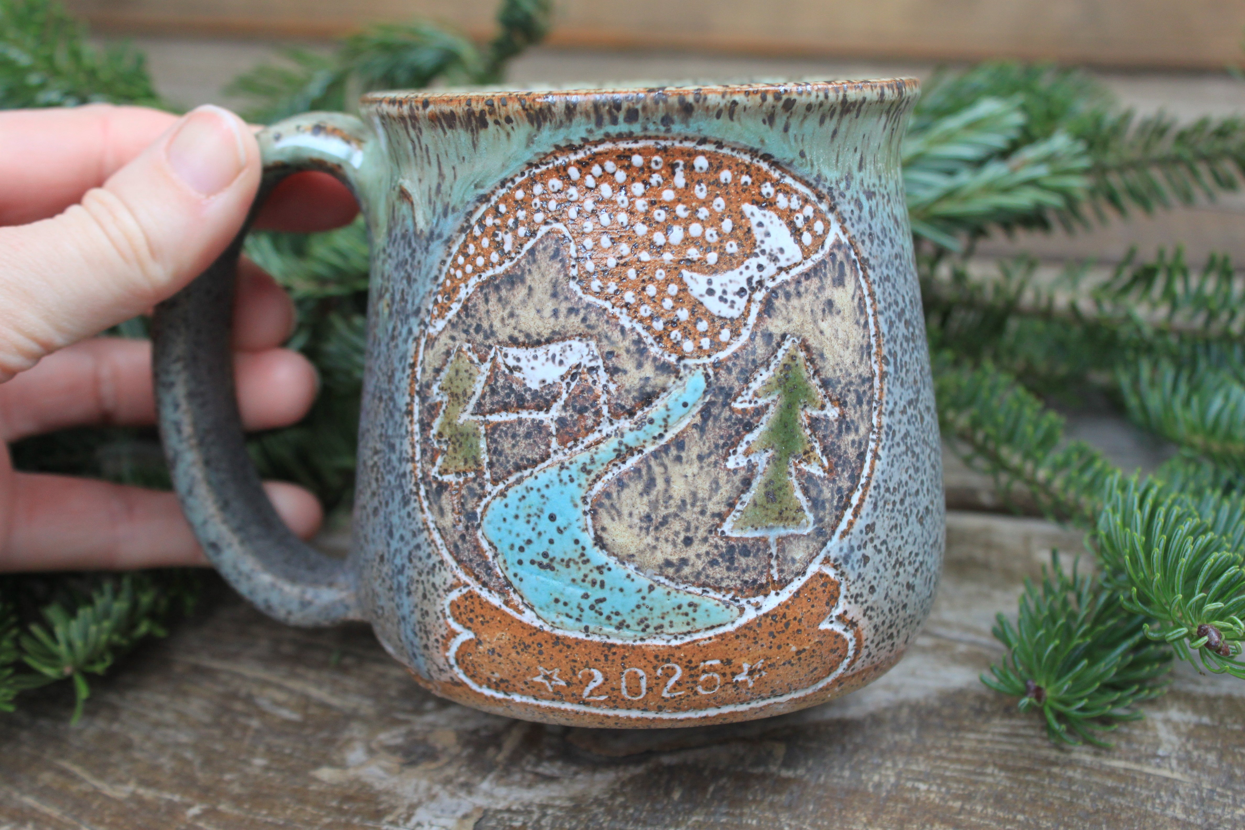Distant Mountain Snow Globe Dreams Carved Mug, 16 oz