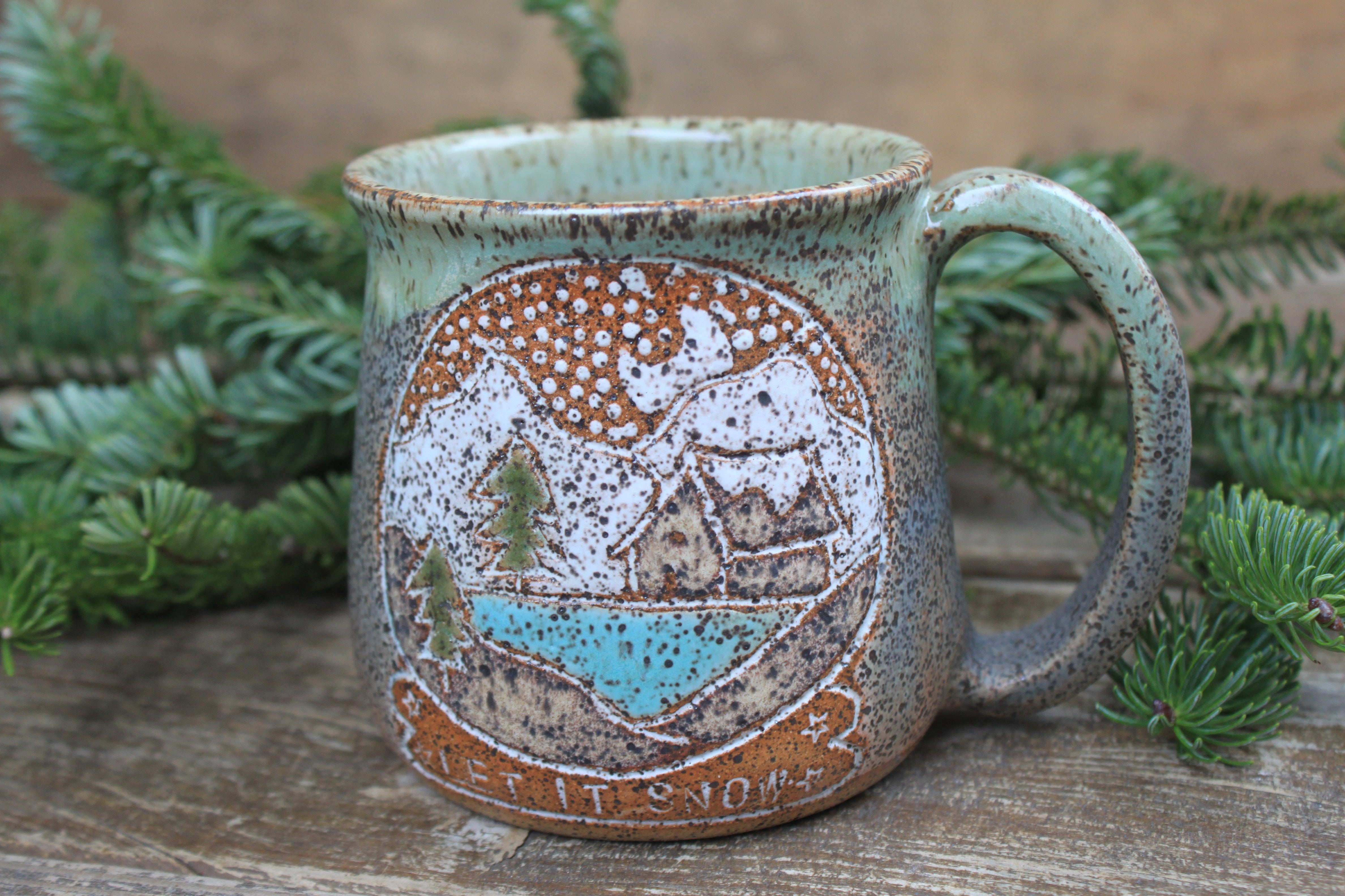 Distant Mountain Snow Globe Dreams Carved Mug, 16 oz