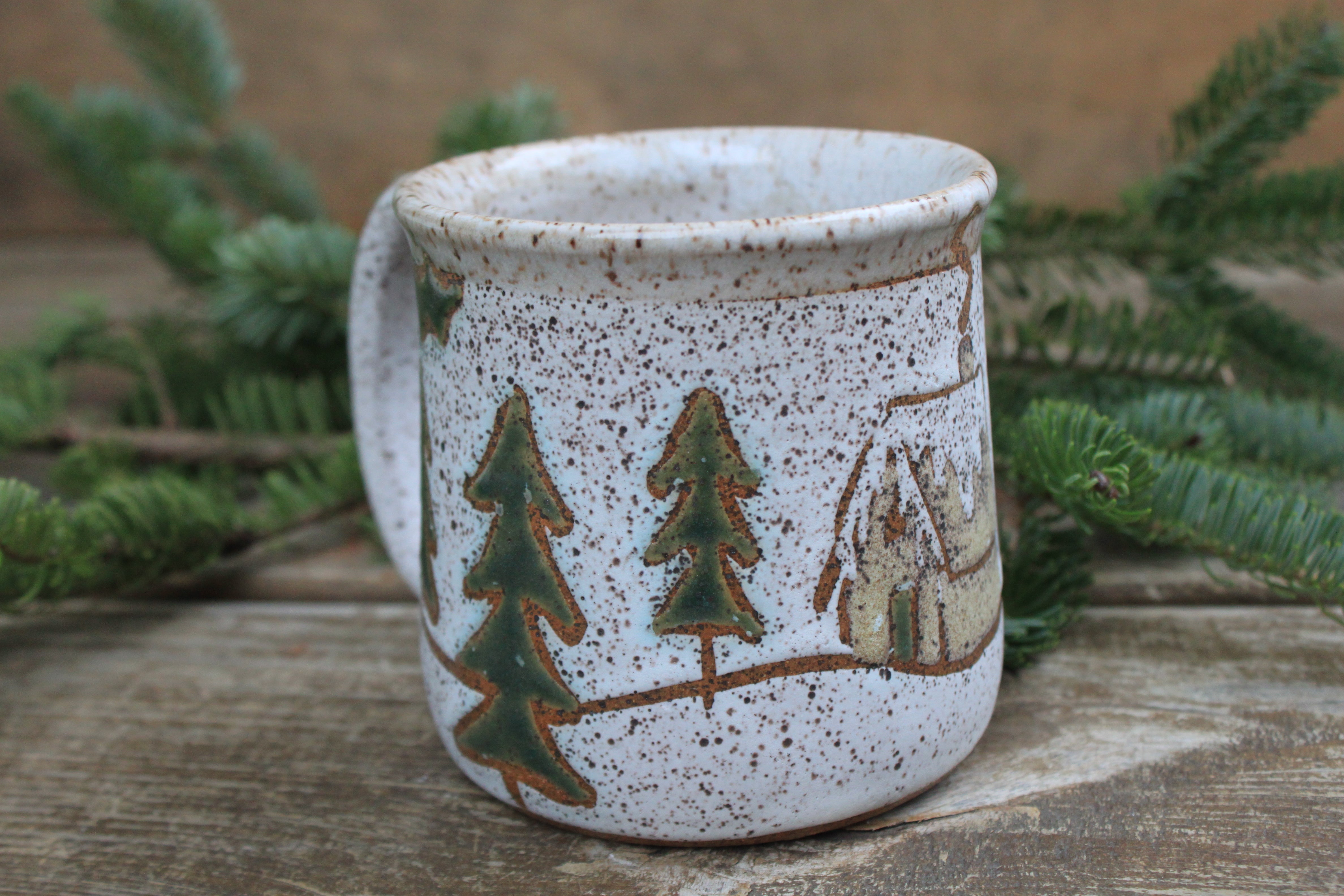 Snowy Cabin in Evergreen and Holly Grove Mug, 19 oz
