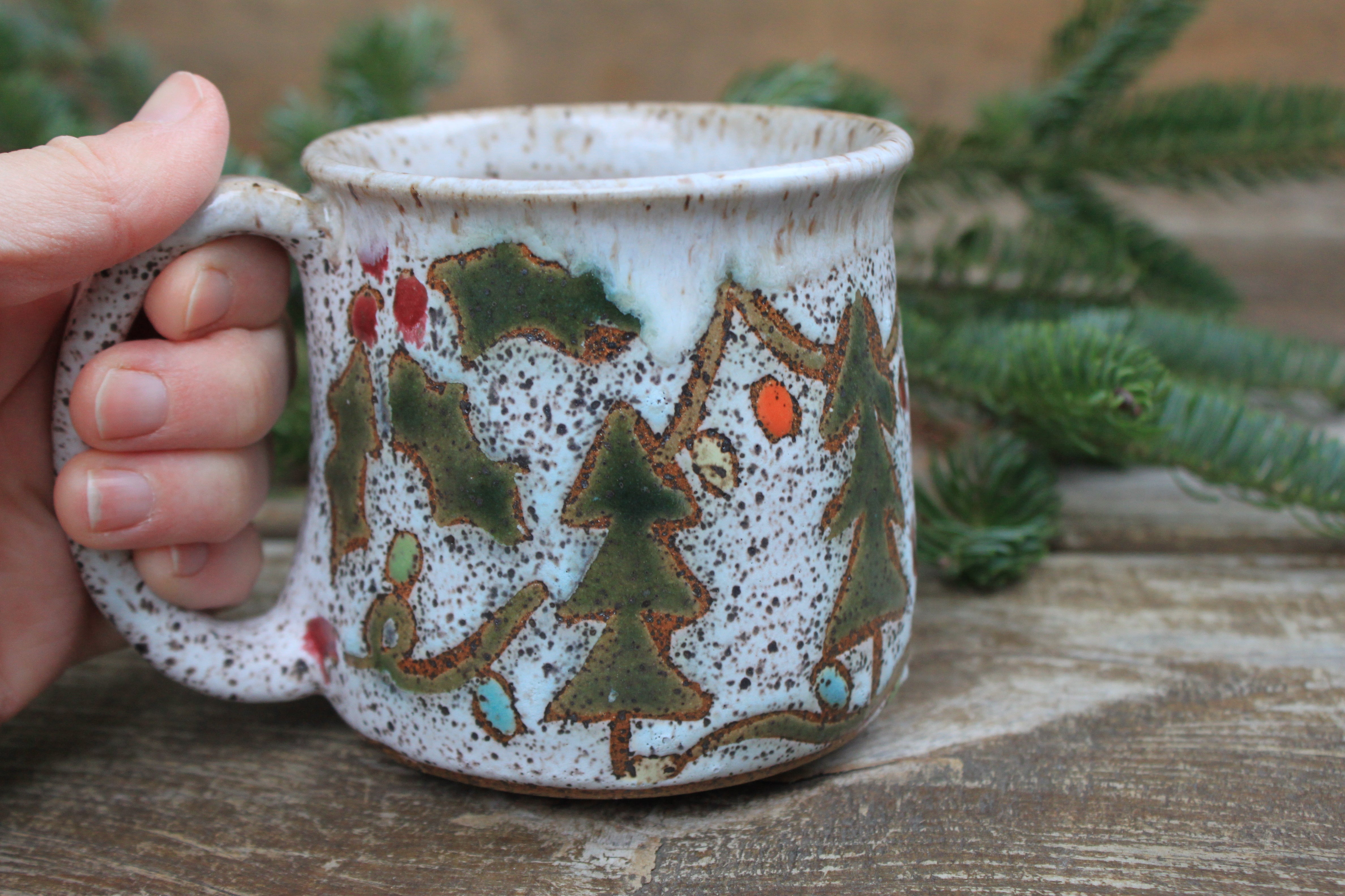 Twinkly Lights, Evergreen and Holly Mug, 15 oz