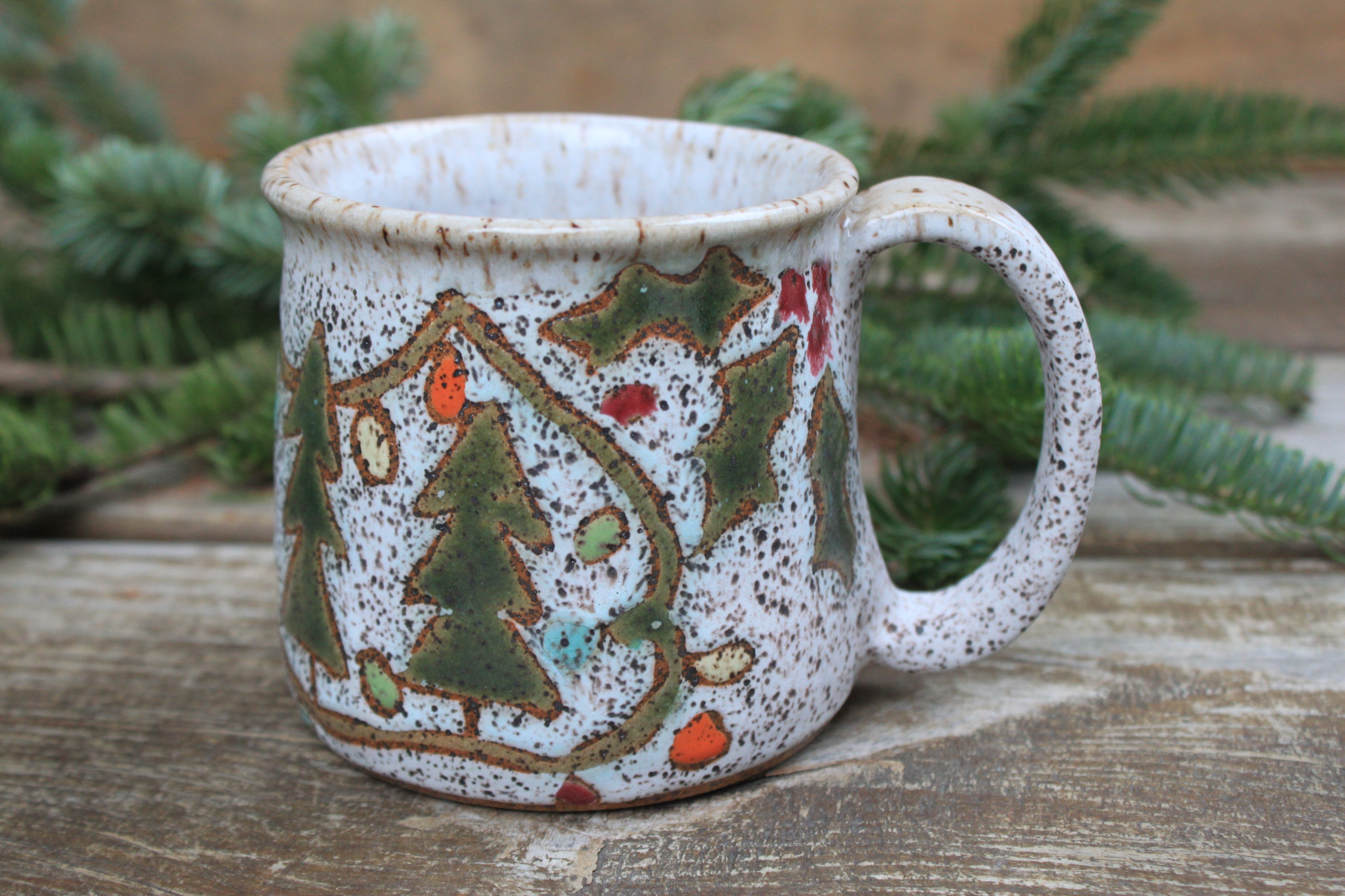Twinkly Lights, Evergreen and Holly Mug, 15 oz