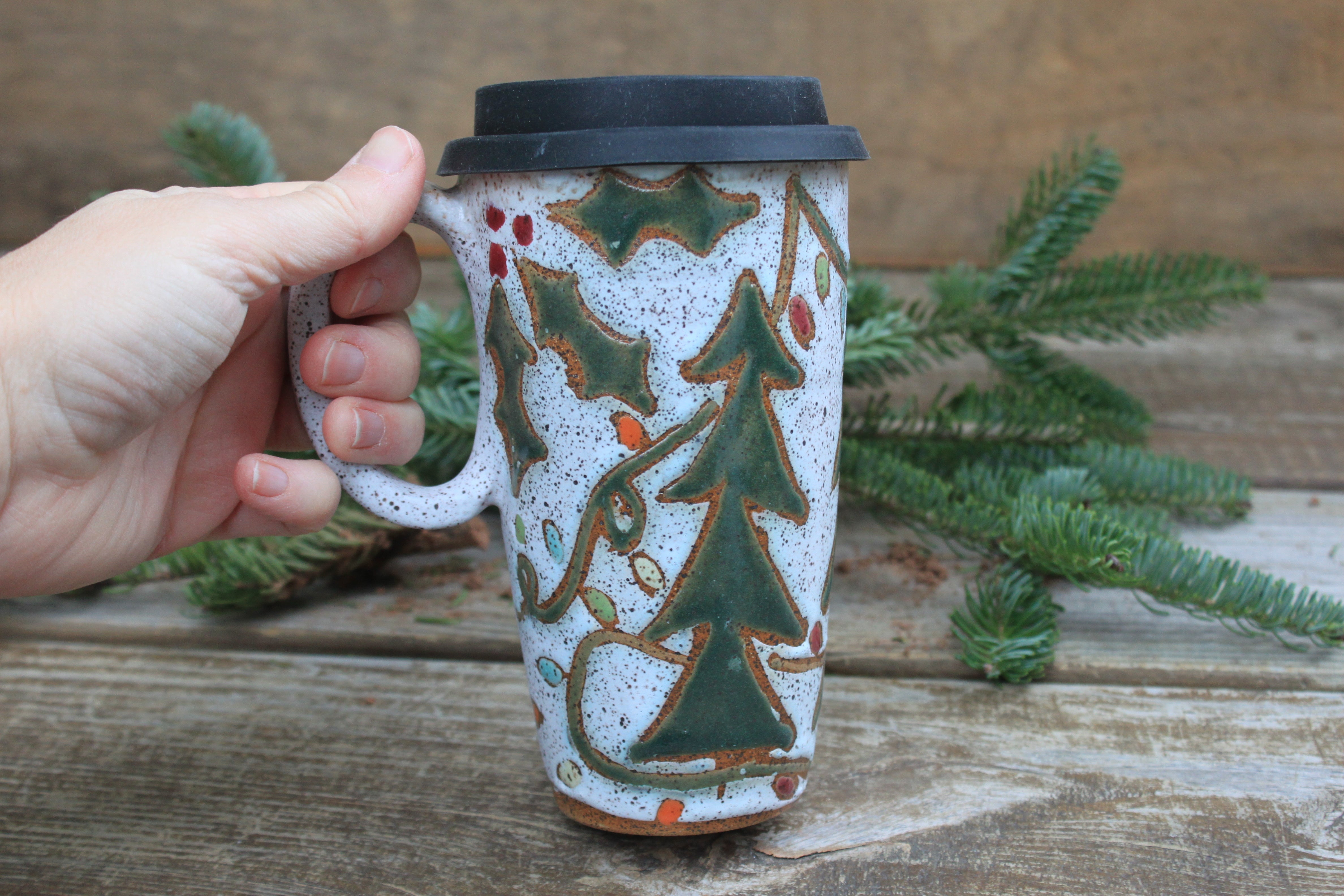 Twinkly Lights, Holly and Evergreens Handled Travel Mug, 19 oz
