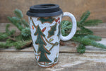 Load image into Gallery viewer, Twinkly Lights, Holly and Evergreens Handled Travel Mug, 19 oz
