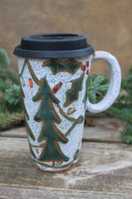 Load image into Gallery viewer, Twinkly Lights, Holly and Evergreens Handled Travel Mug, 19 oz
