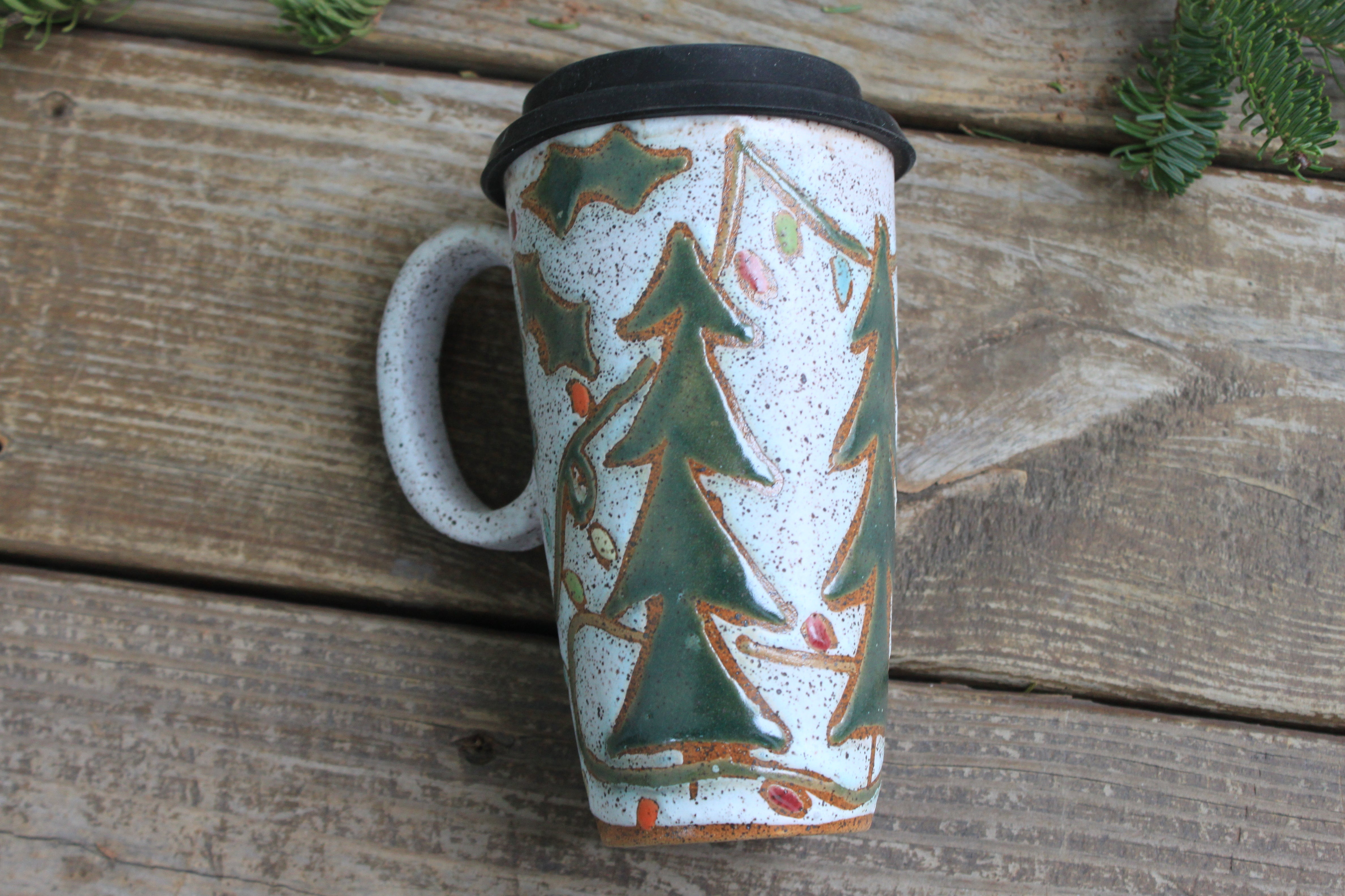 Twinkly Lights, Holly and Evergreens Handled Travel Mug, 19 oz