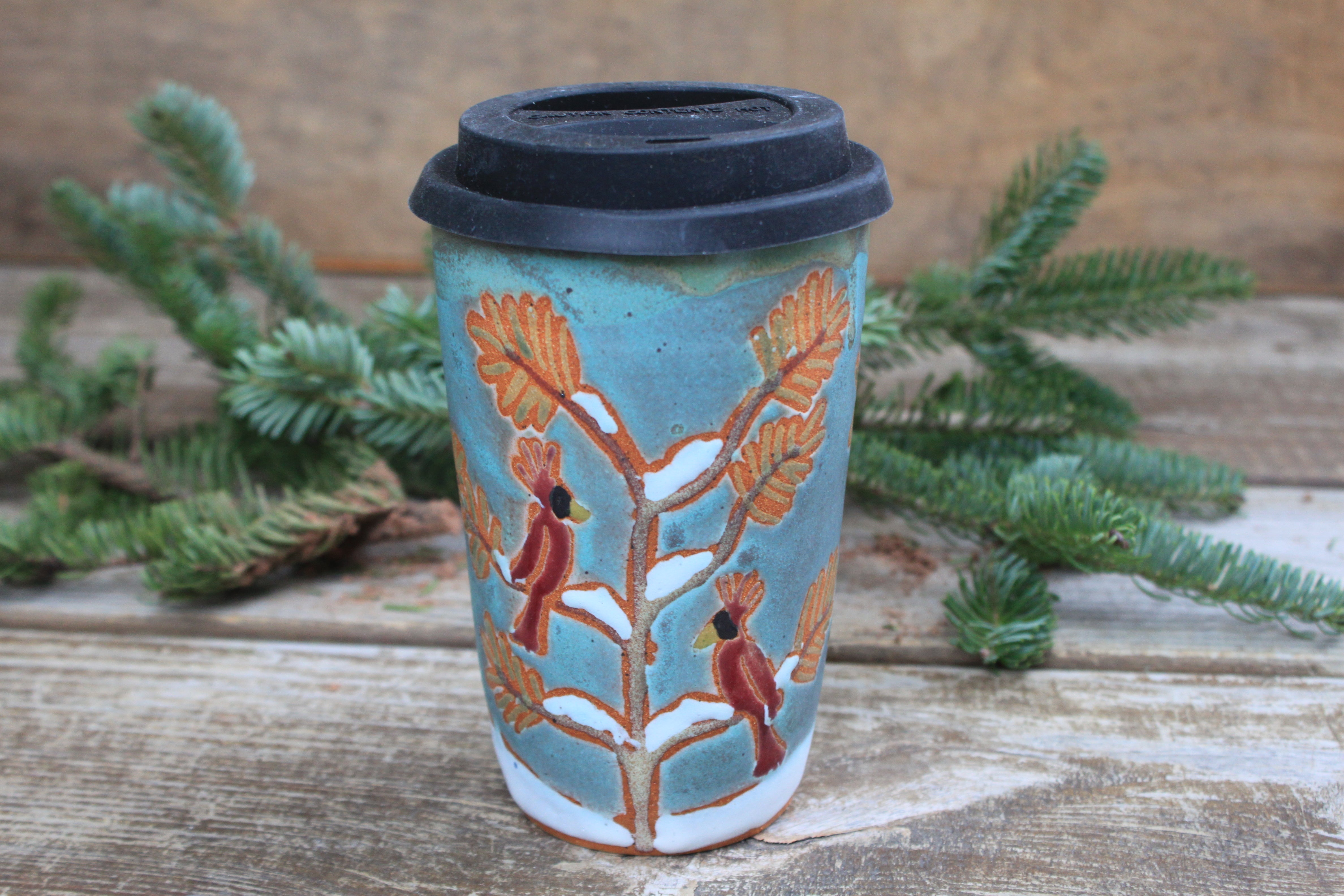 Cardinals in a Snowy Forest Handled Travel Mug (without a handle), 18 oz