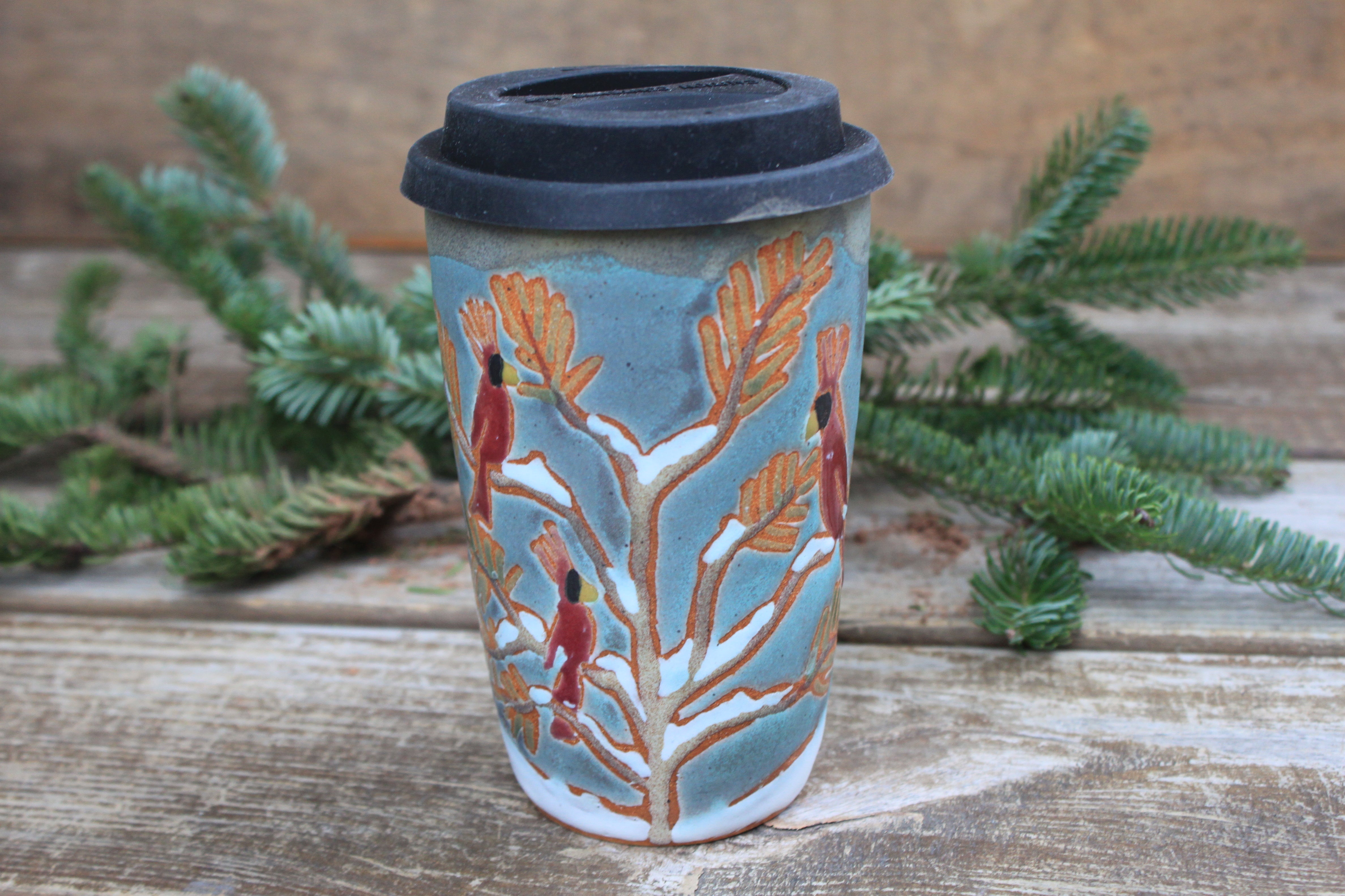 Cardinals in a Snowy Forest Handled Travel Mug (without a handle), 18 oz
