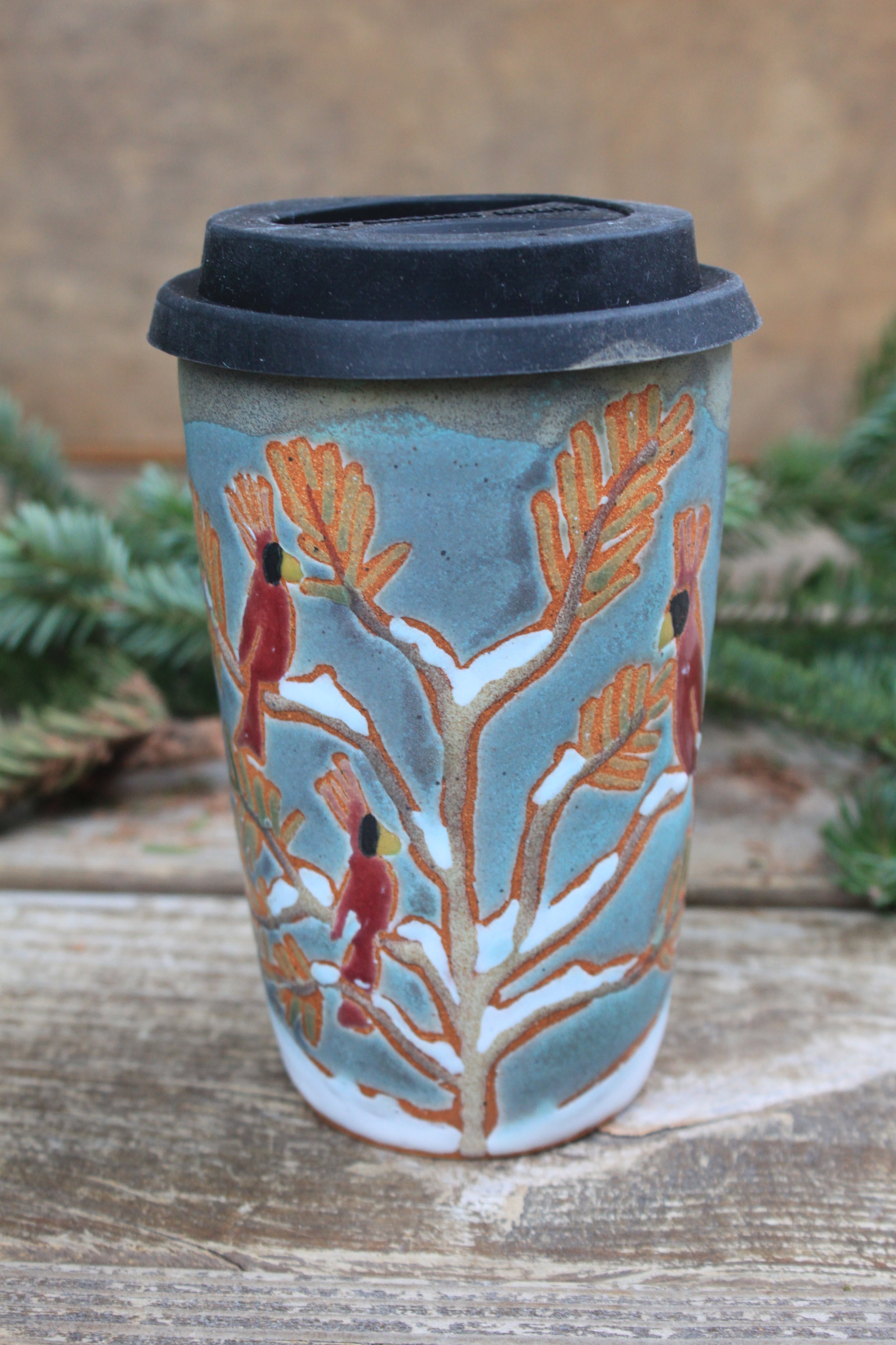 Cardinals in a Snowy Forest Handled Travel Mug (without a handle), 18 oz