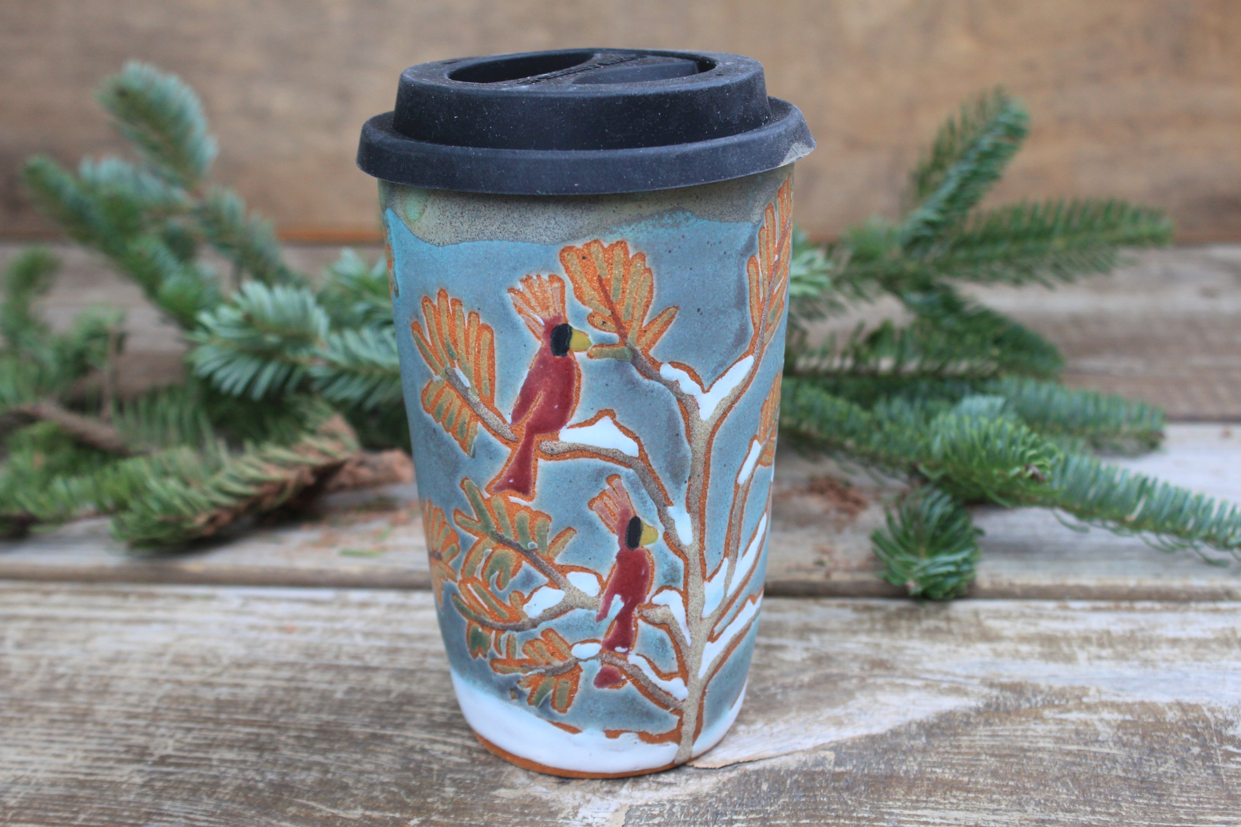 Cardinals in a Snowy Forest Handled Travel Mug (without a handle), 18 oz