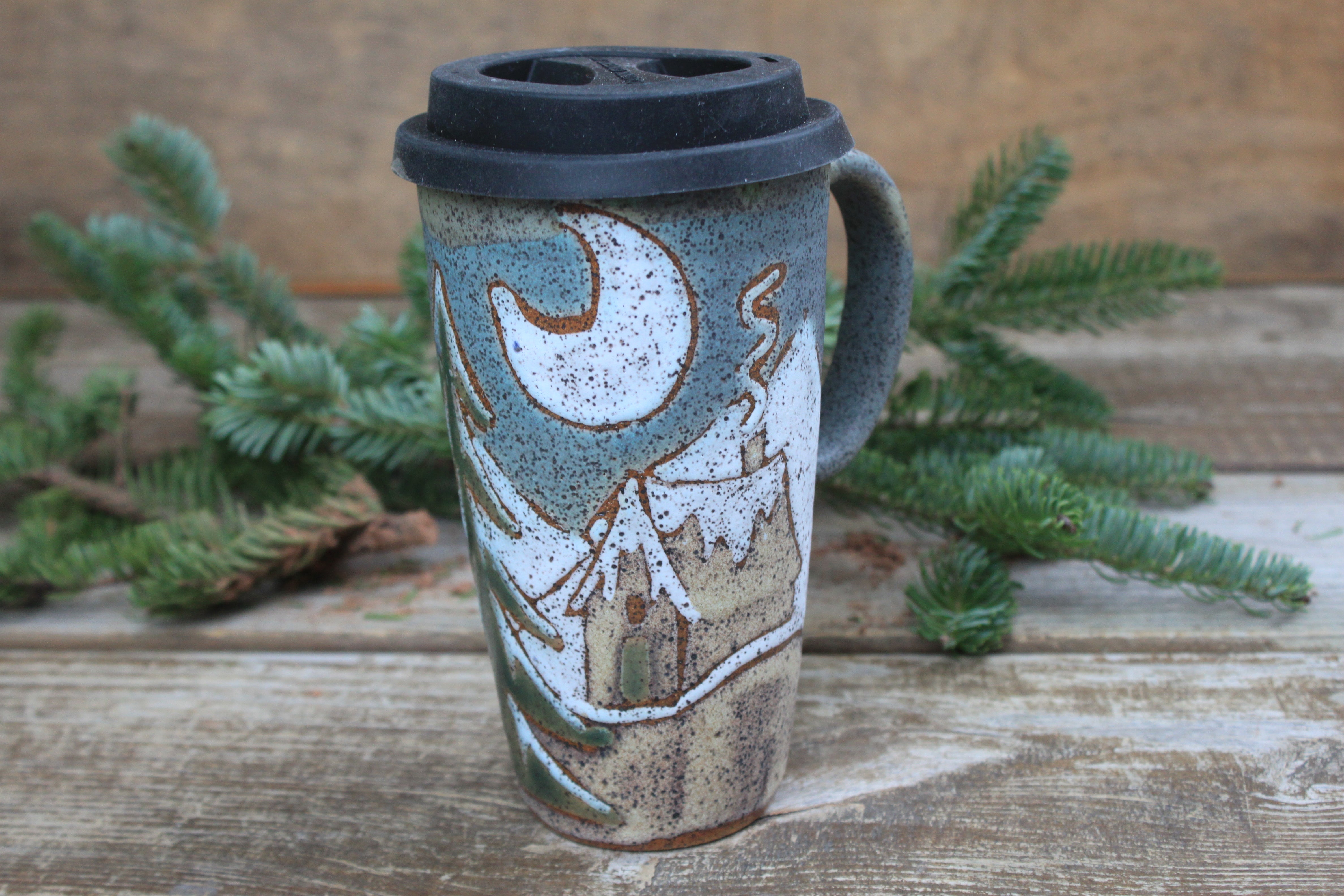 Snowy Cabin Forest Travel Mug, 19 oz