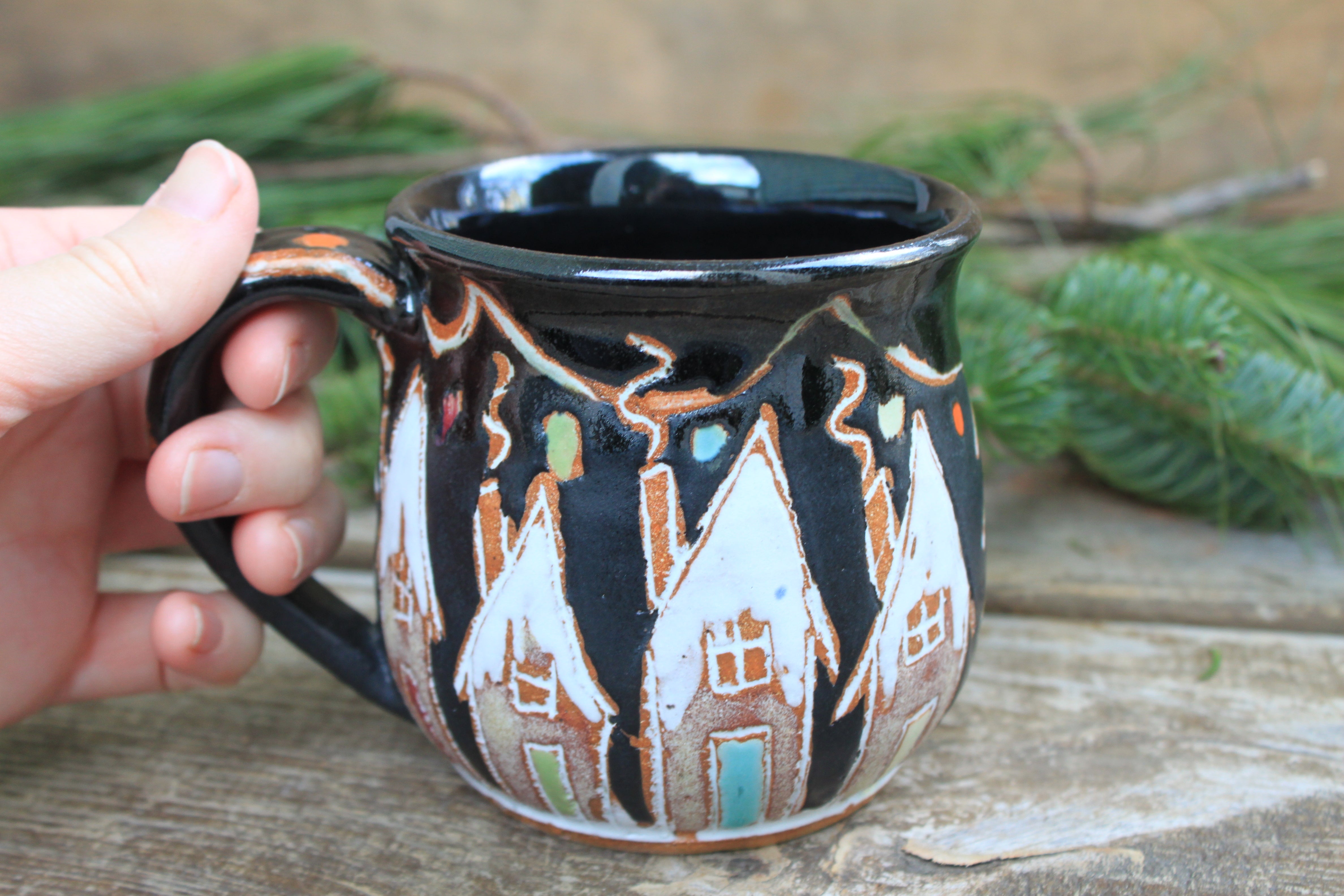 Snowy Ginger Bread House Village Mug, 16 oz