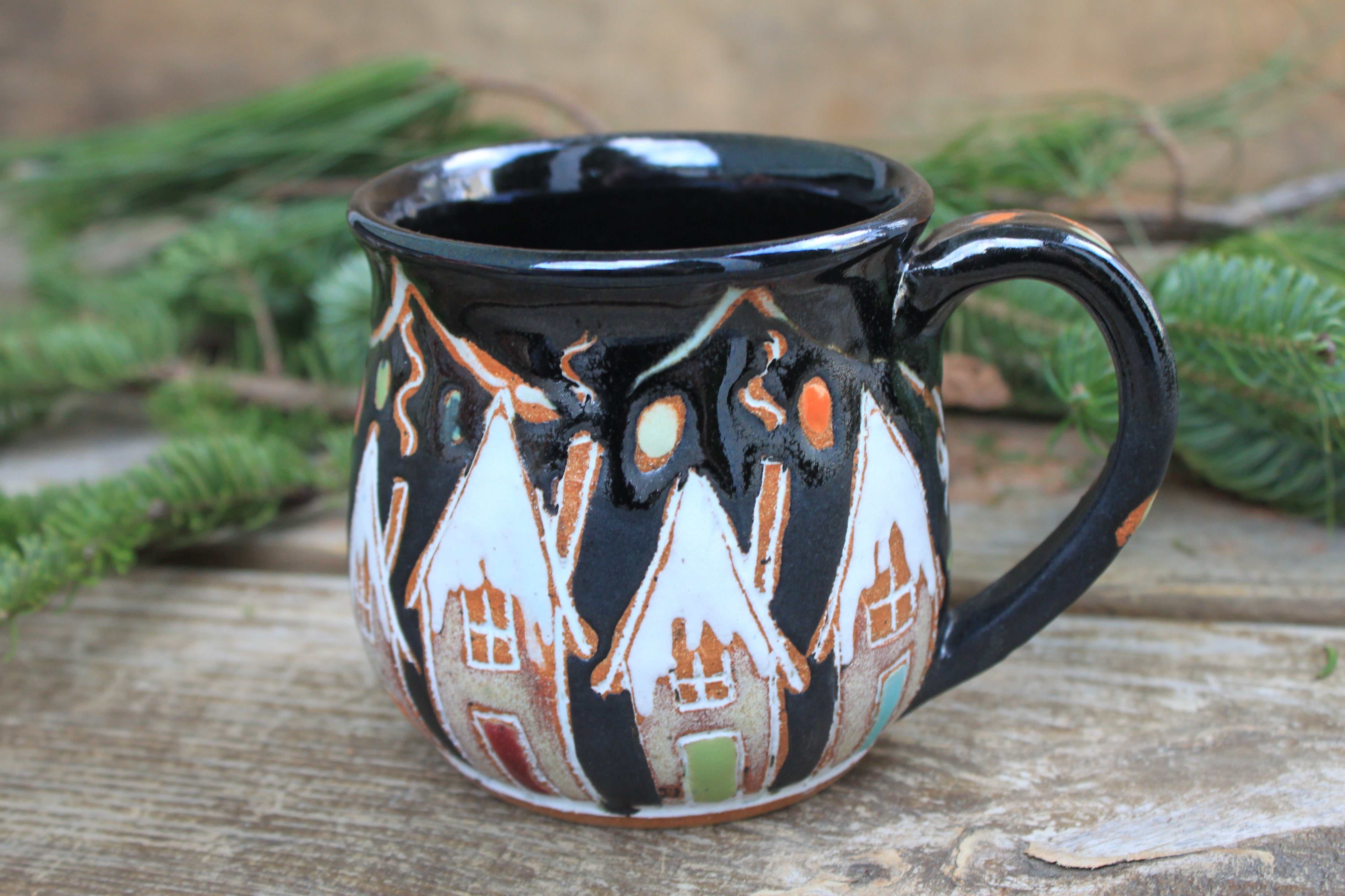 Snowy Ginger Bread House Village Mug, 16 oz