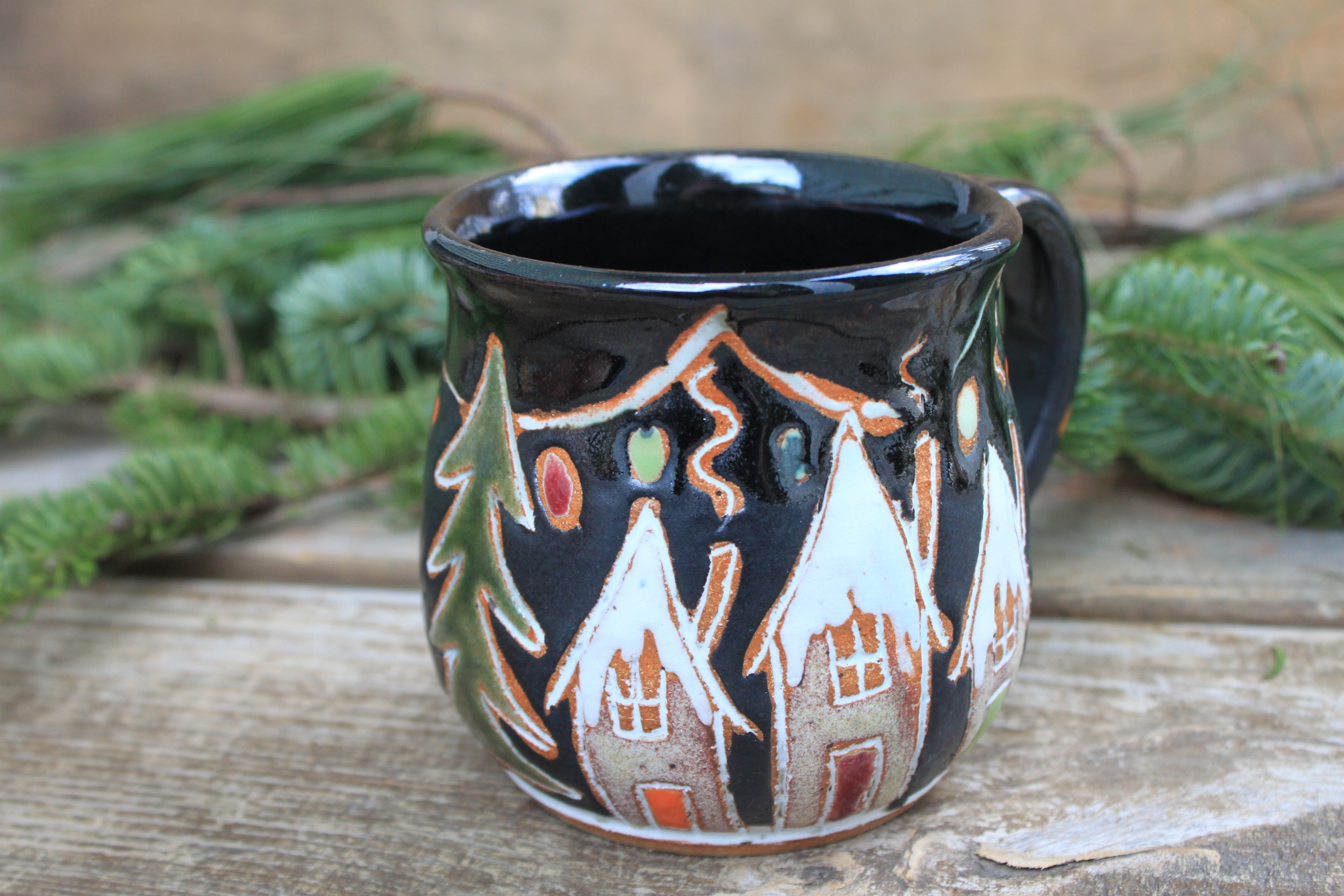 Snowy Ginger Bread House Village Mug, 16 oz