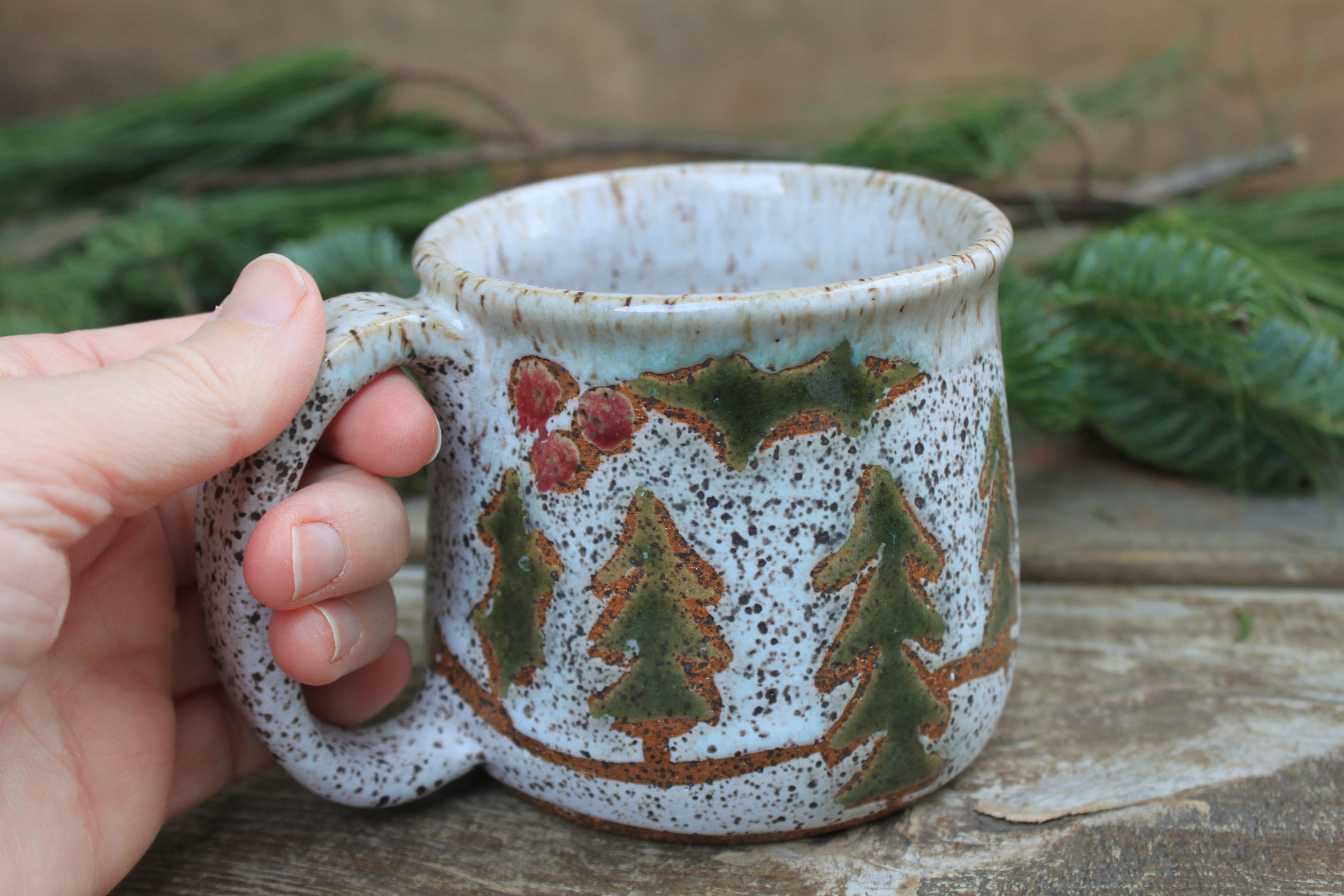 Snowy Cabin in Evergreen and Holly Grove Mug, 15 oz