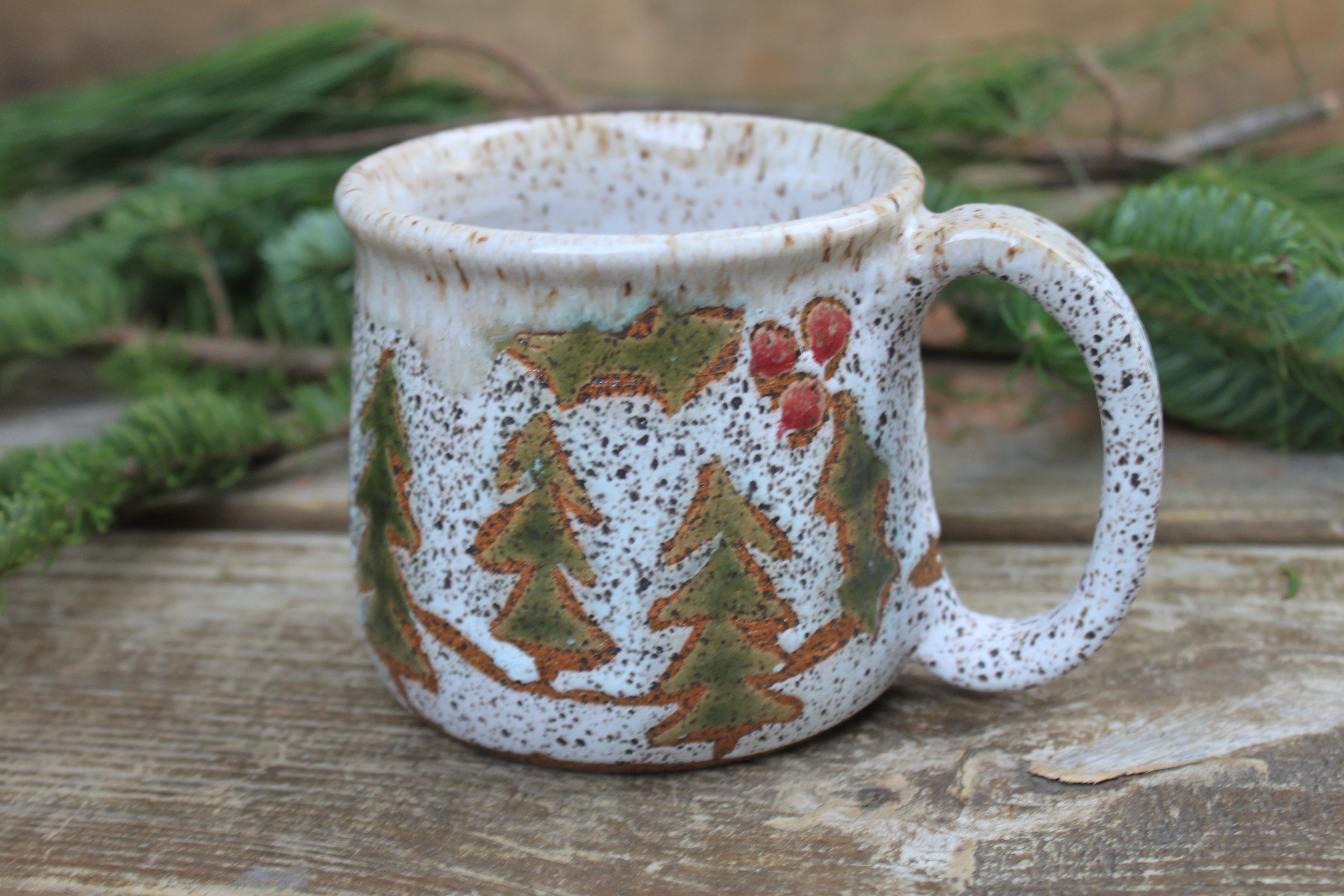 Snowy Cabin in Evergreen and Holly Grove Mug, 15 oz