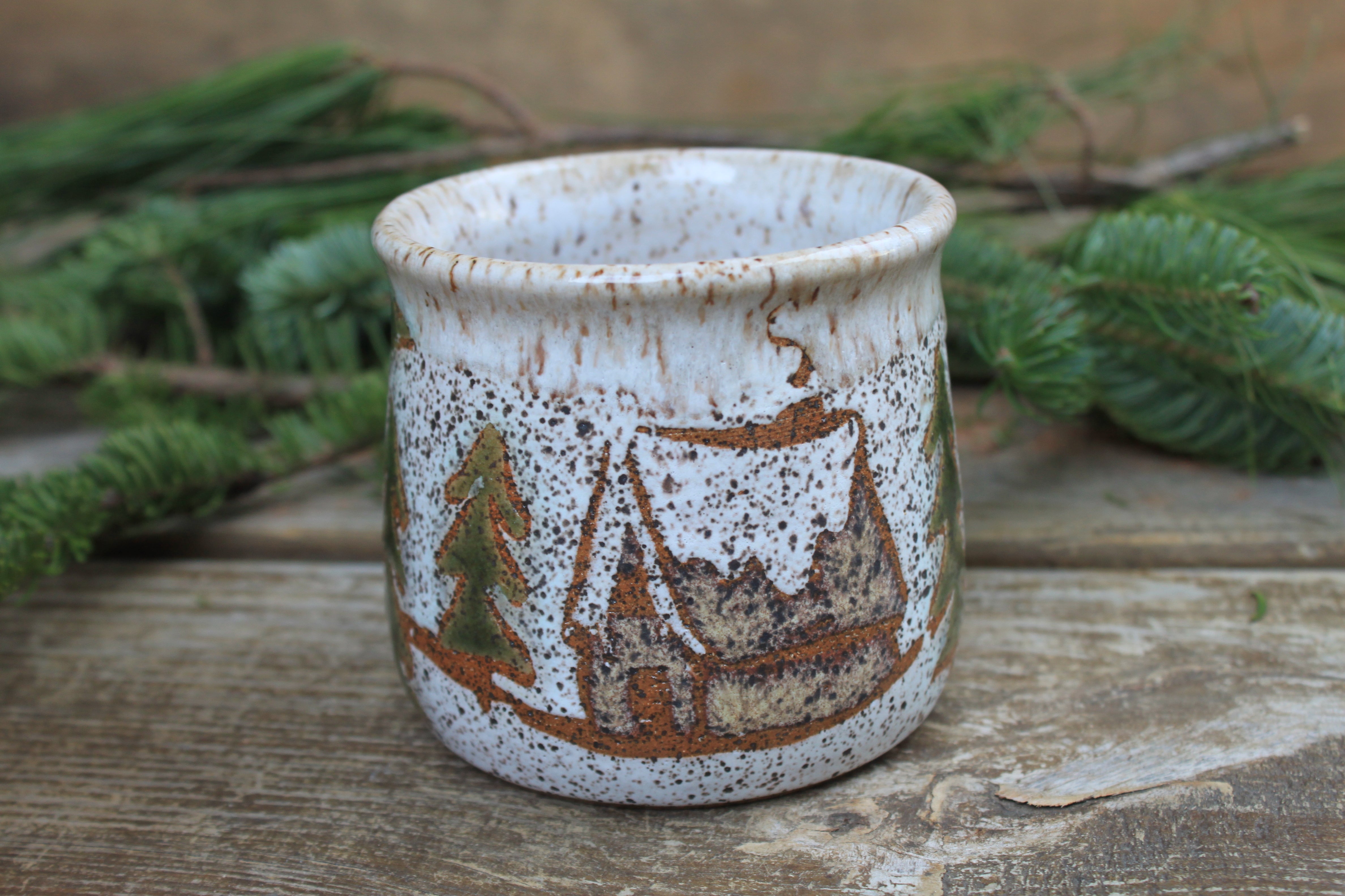 Snowy Cabin in Evergreen and Holly Grove Mug, 15 oz