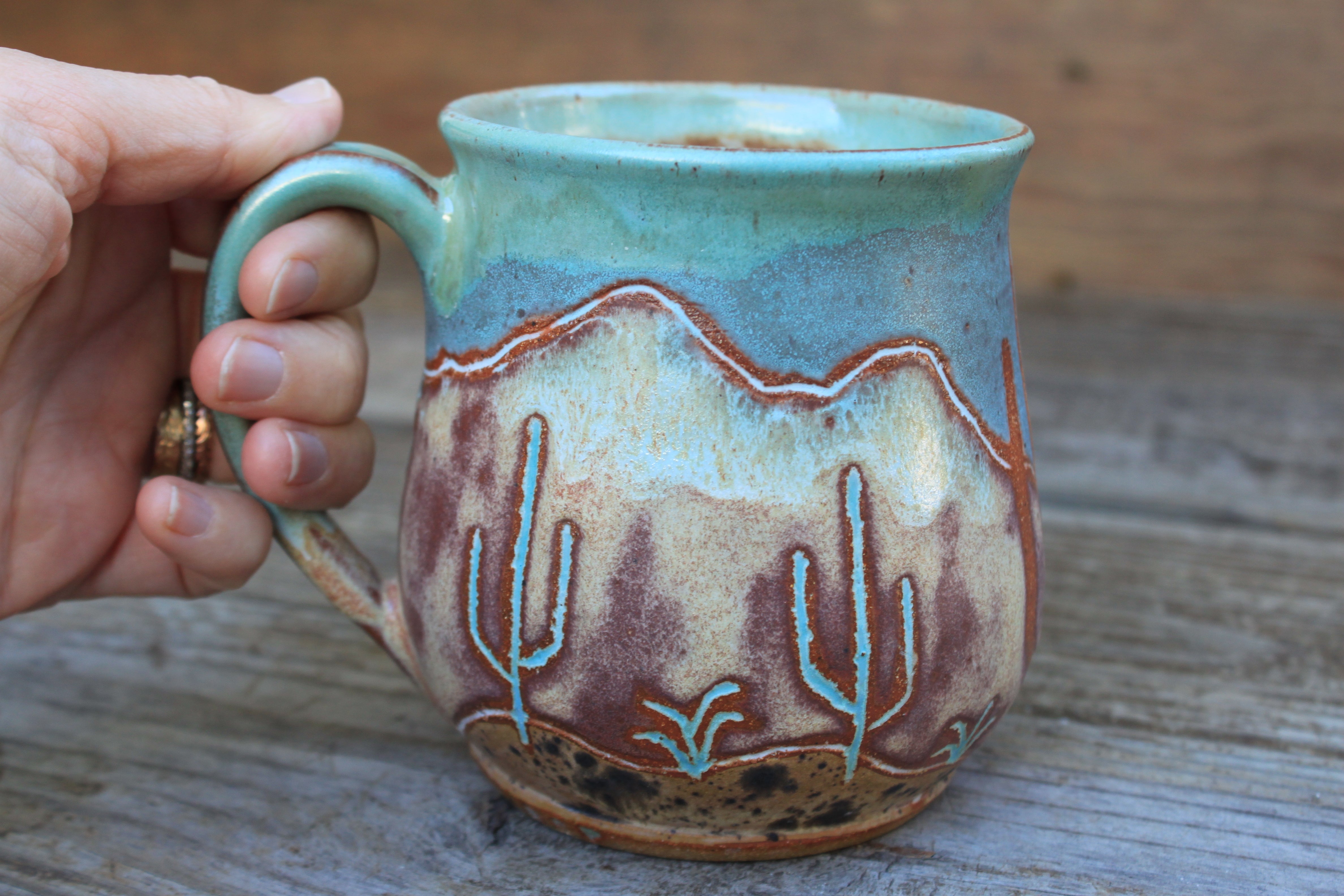 Carved Desert Mountain Sunset Mug, 23 oz