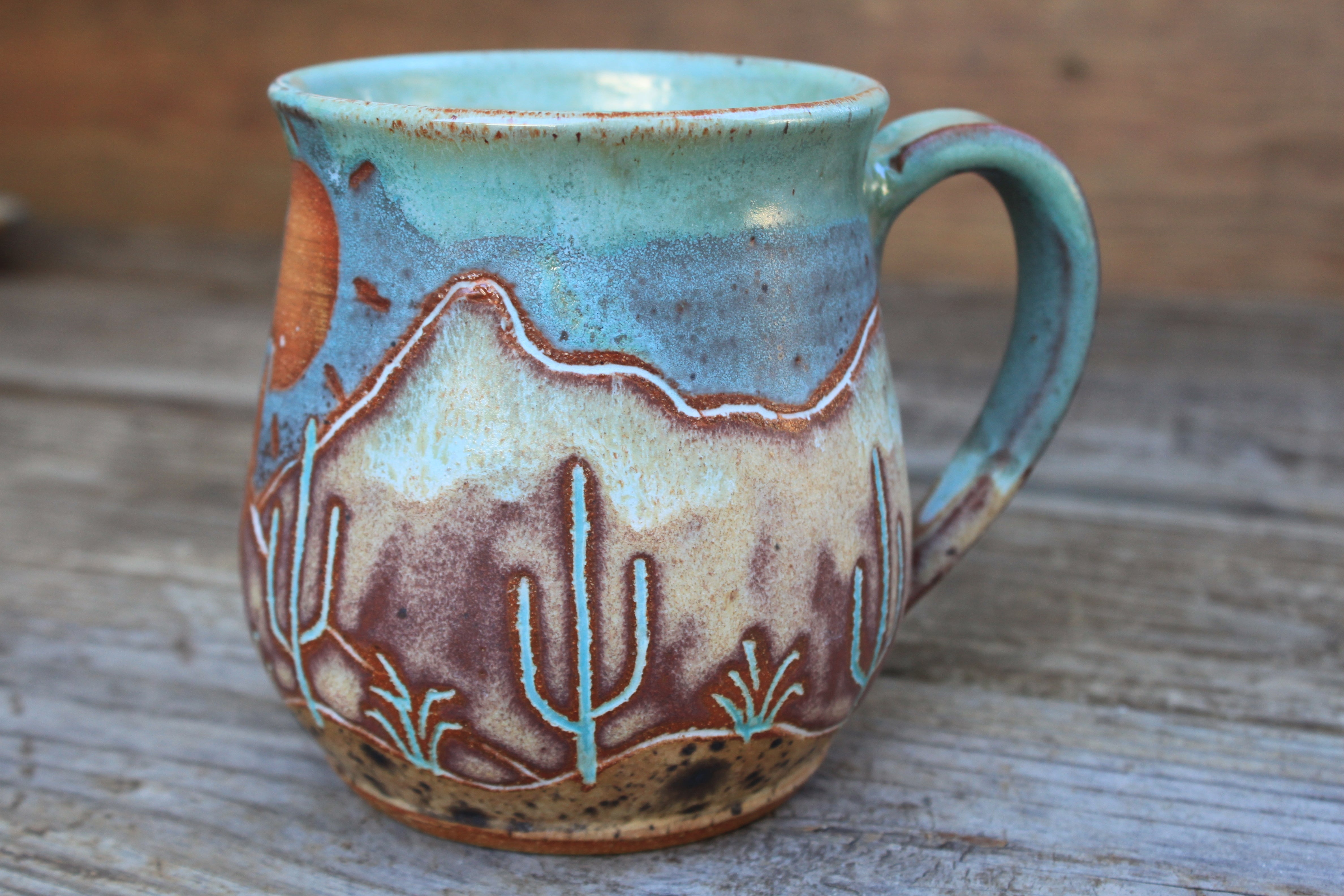 Carved Desert Mountain Sunset Mug, 23 oz