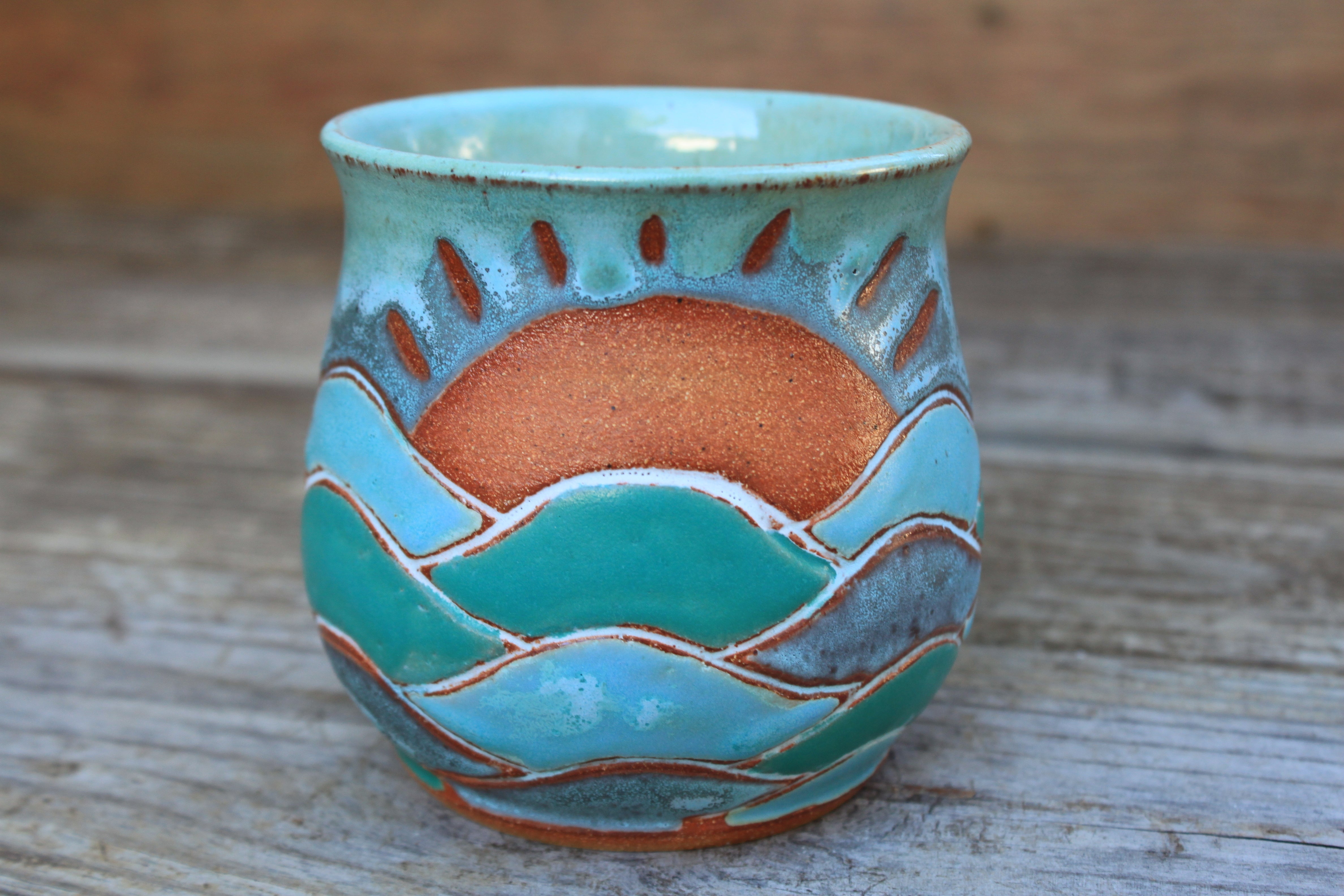 Wavy Ocean Days Carved Mug, 17 oz