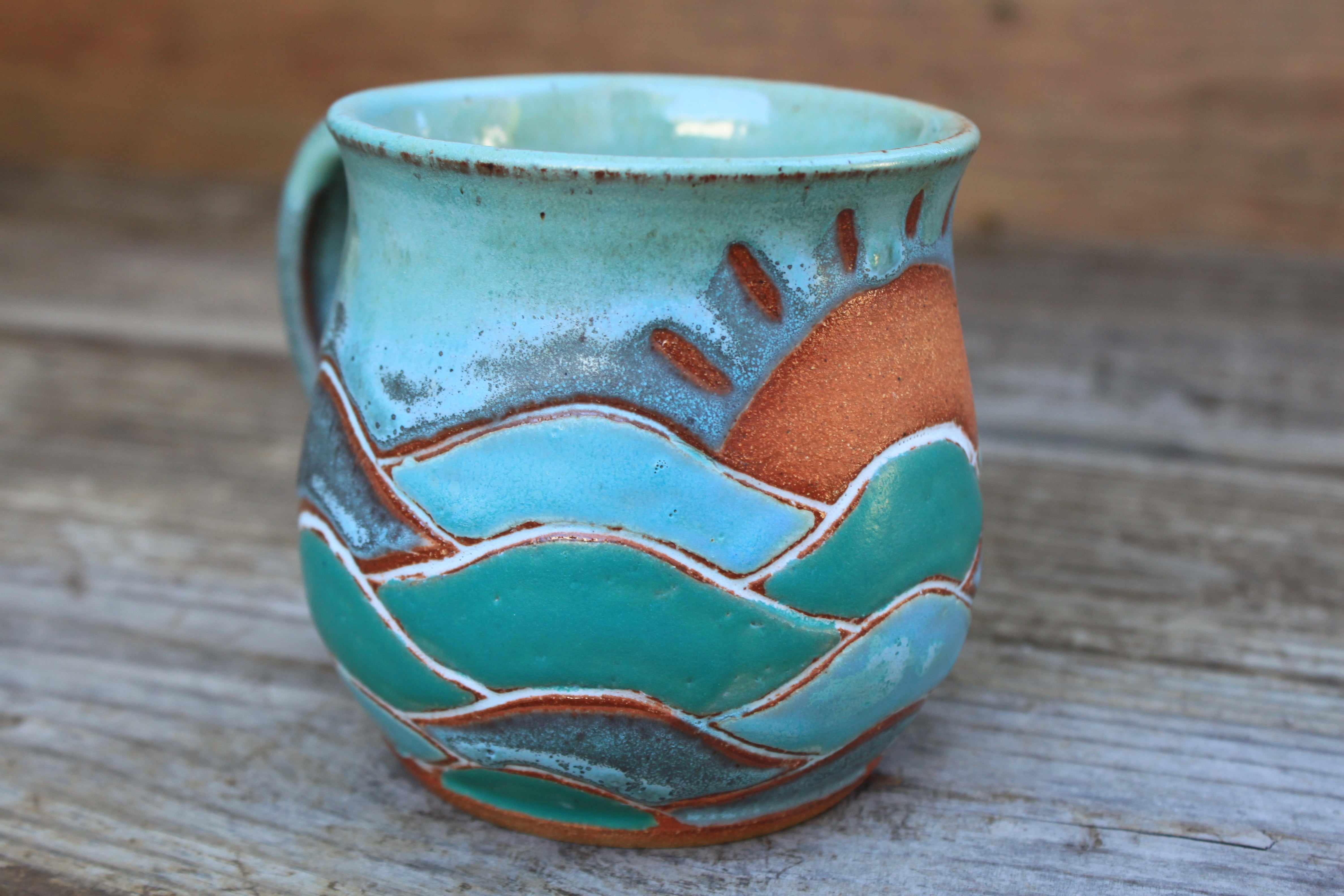 Wavy Ocean Days Carved Mug, 17 oz