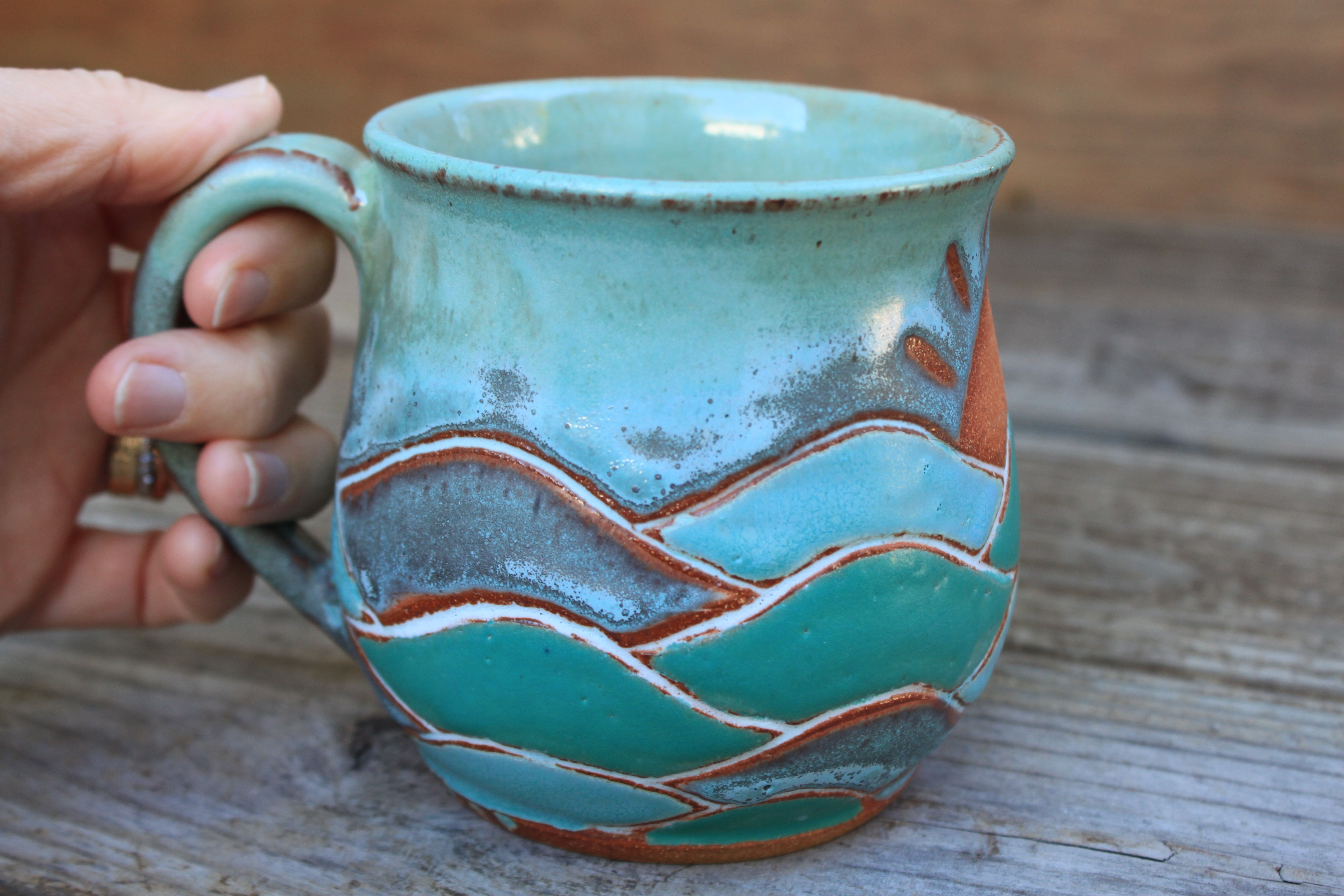 Wavy Ocean Days Carved Mug, 17 oz