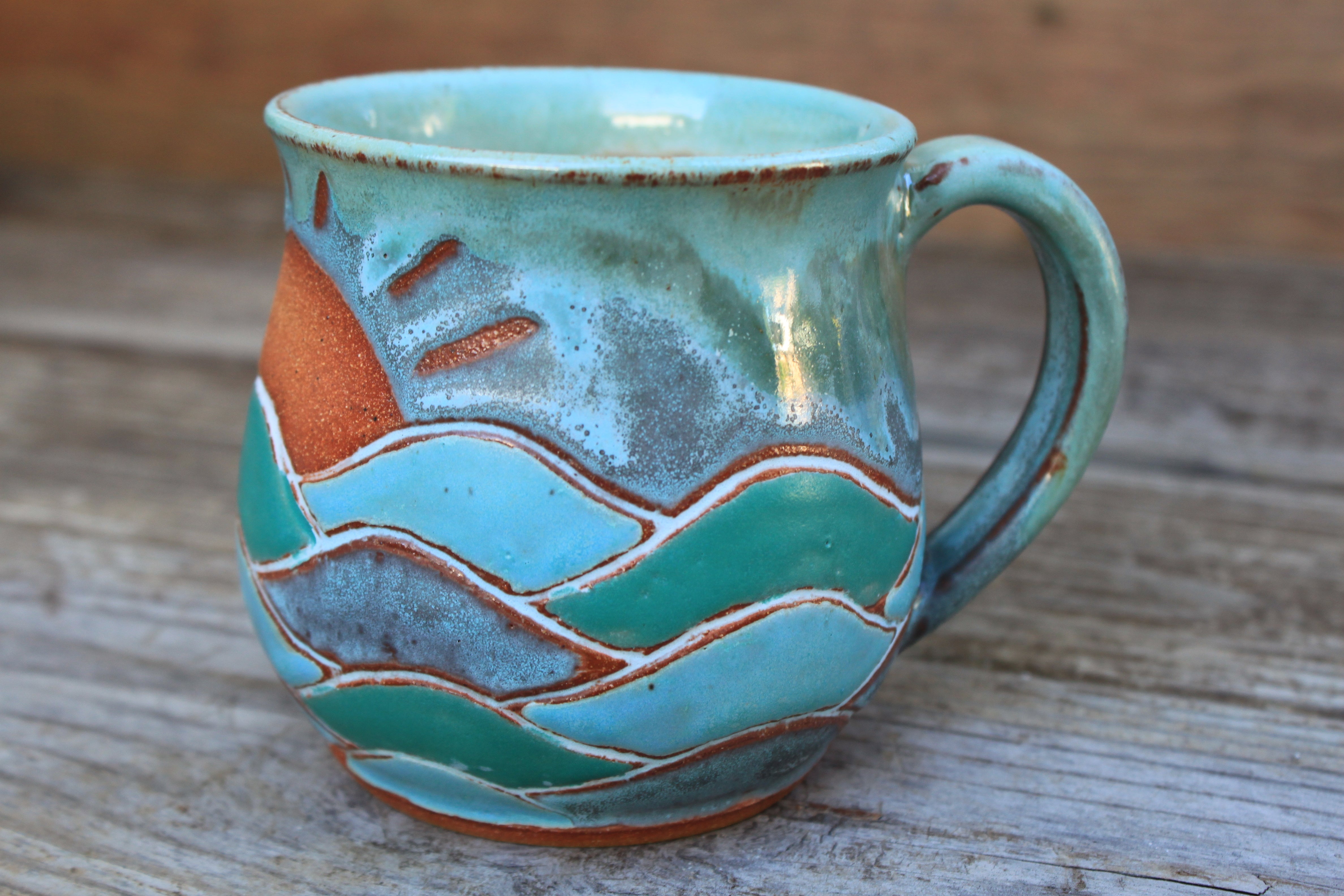 Wavy Ocean Days Carved Mug, 17 oz