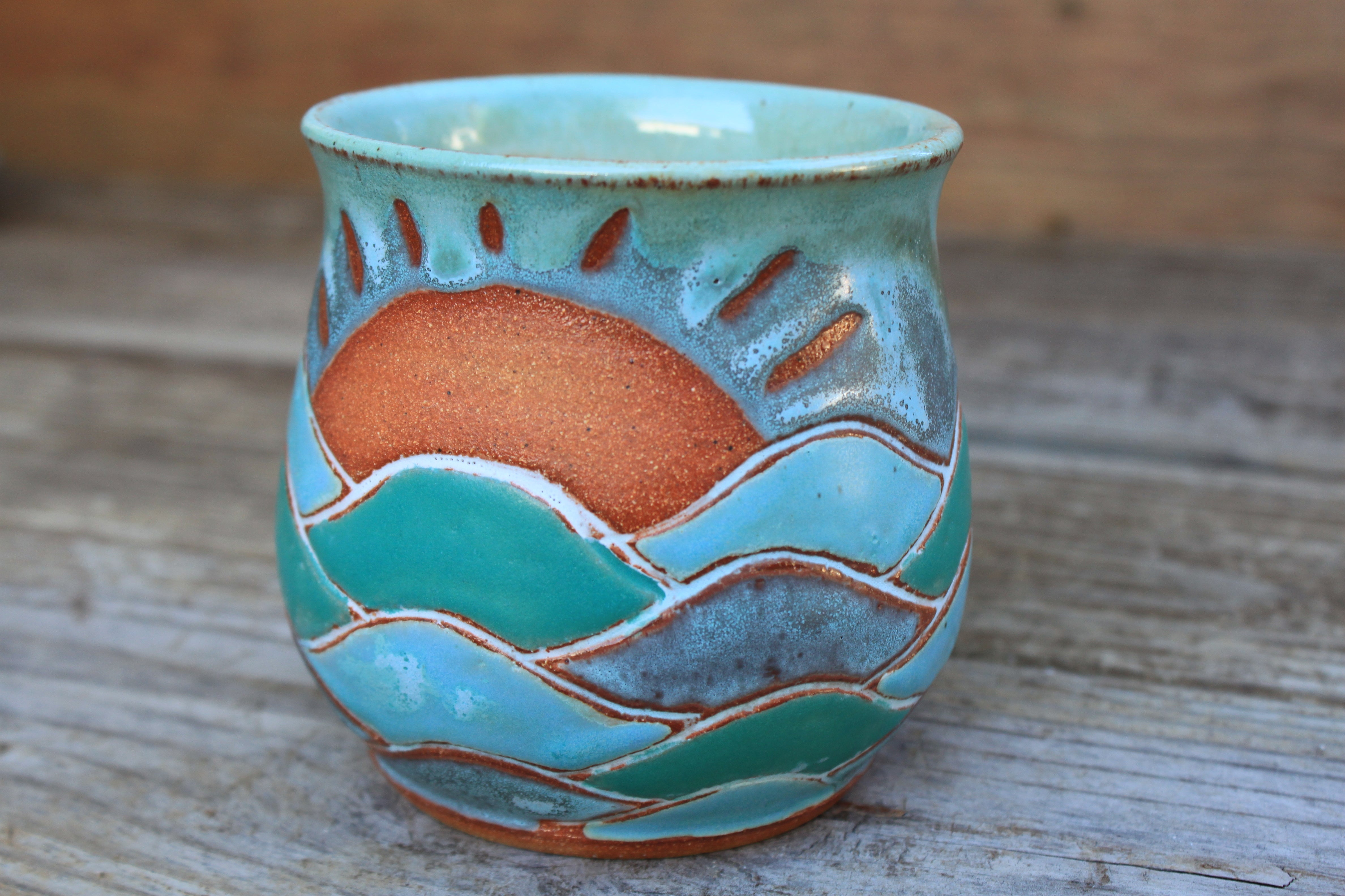 Wavy Ocean Days Carved Mug, 17 oz