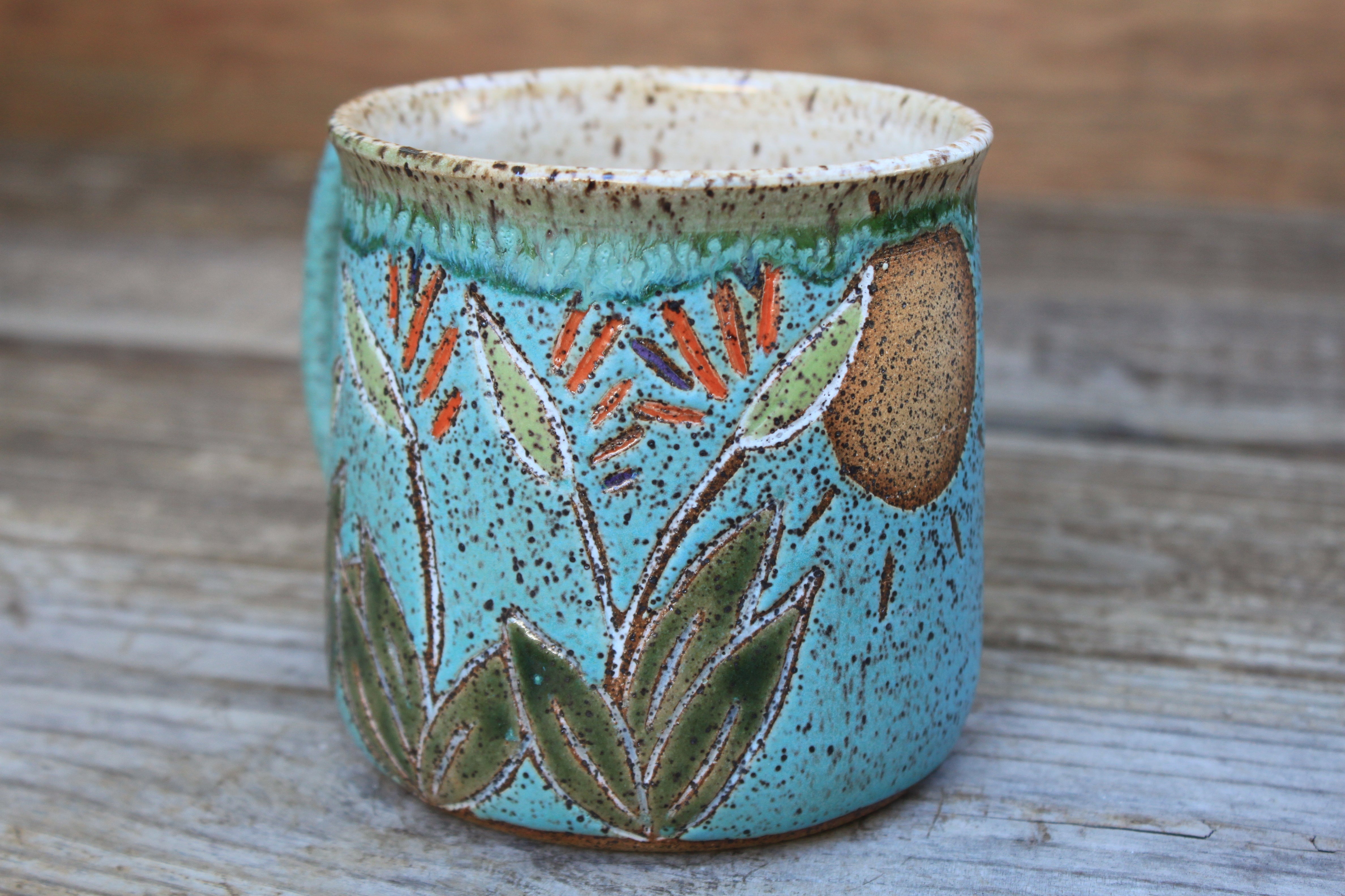 Bird of Paradise Turquoise Carved Mug, 21 oz