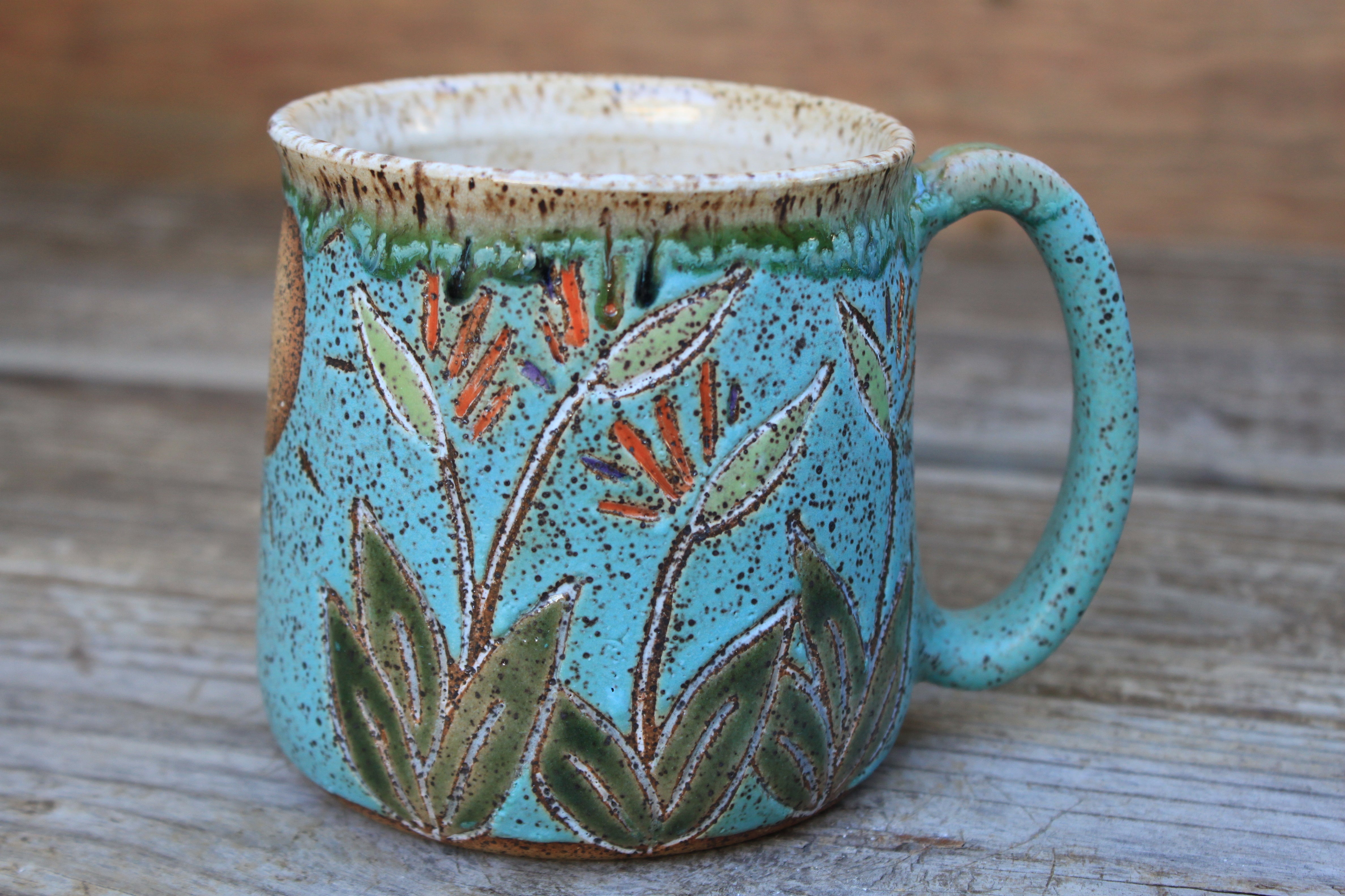 Bird of Paradise Turquoise Carved Mug, 21 oz