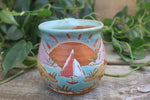Load image into Gallery viewer, Beachy Sand Dune Sunset and Sailboat Mug, 14 oz
