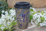 Load image into Gallery viewer, Iris Blooms Carved Handled Travel Mug, 16 oz
