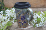 Load image into Gallery viewer, Iris Blooms Carved Handled Travel Mug, 16 oz
