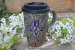 Load image into Gallery viewer, Iris Blooms Carved Handled Travel Mug, 16 oz
