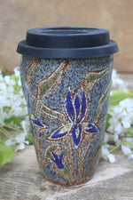 Load image into Gallery viewer, Iris Blooms Carved Handled Travel Mug, 16 oz
