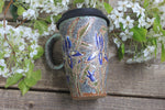 Load image into Gallery viewer, Iris Blooms Carved Handled Travel Mug, 16 oz
