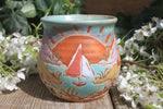 Load image into Gallery viewer, Beachy Sand Dune Sunset and Sailboat Mug, 14 oz
