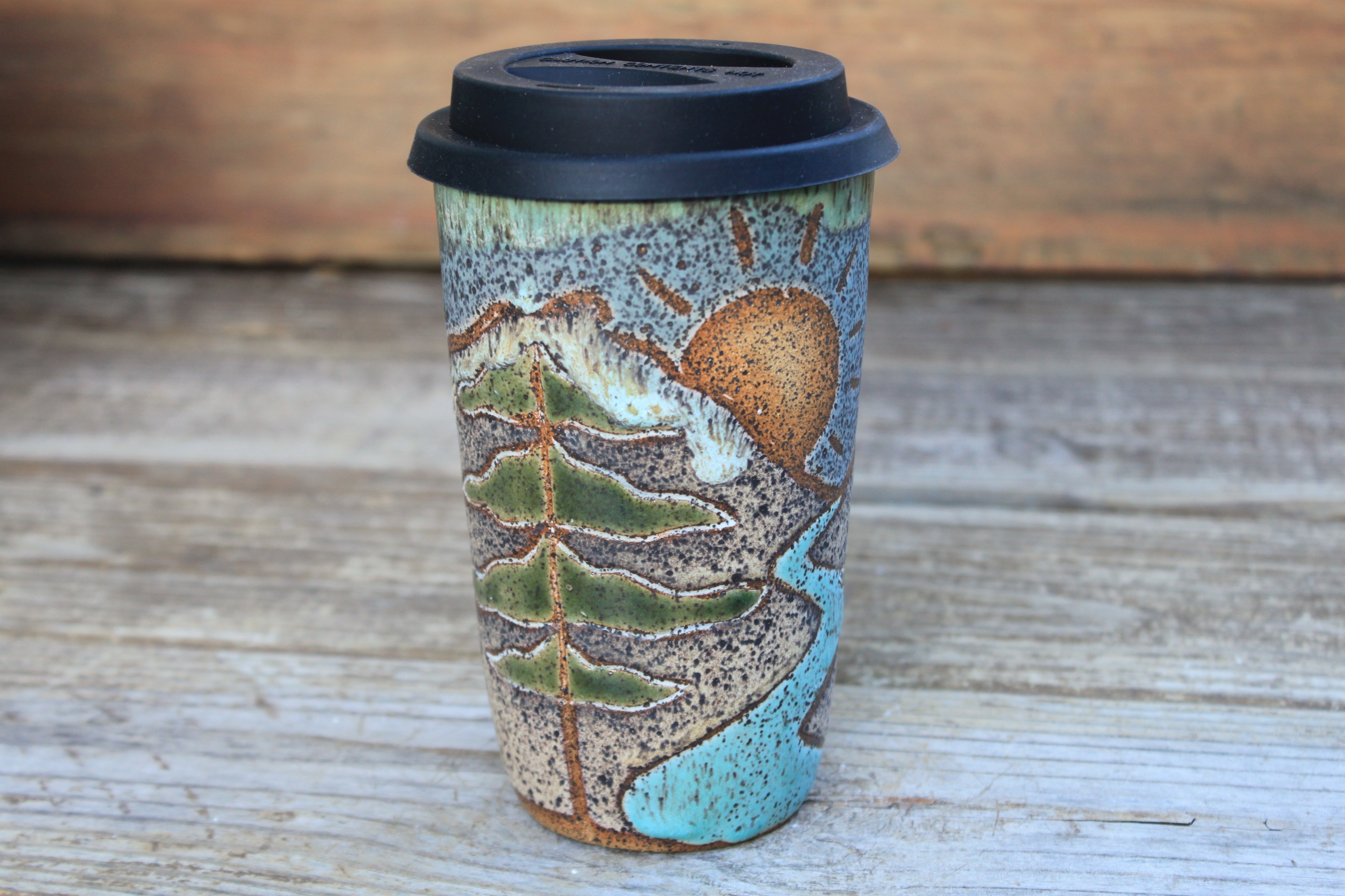 Redwood River Sunset Carved Handled Travel Mug, 18 oz